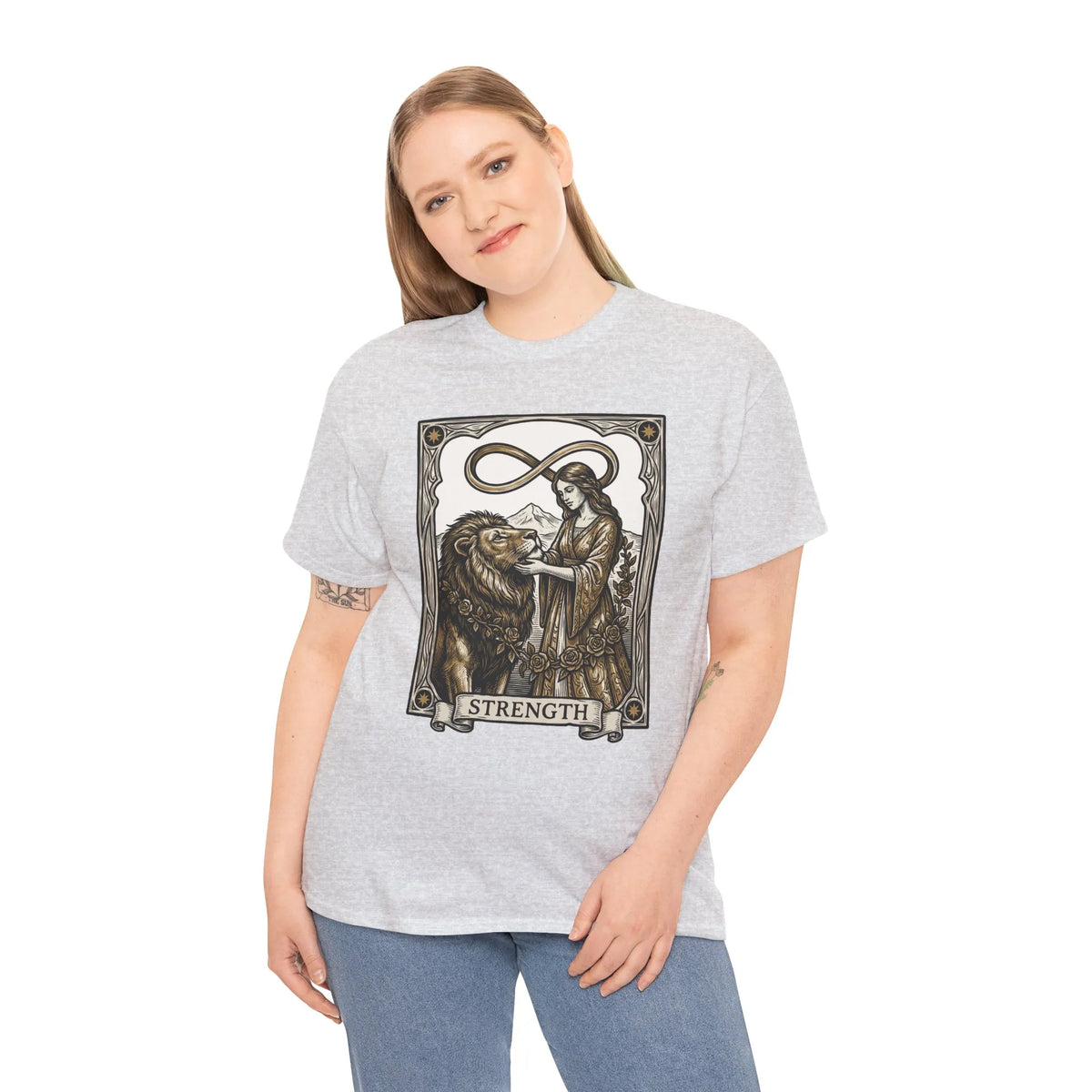 Tarot Strength Card Graphic T-Shirt - Heavy Cotton Classic Fit Crewneck - Unisex White