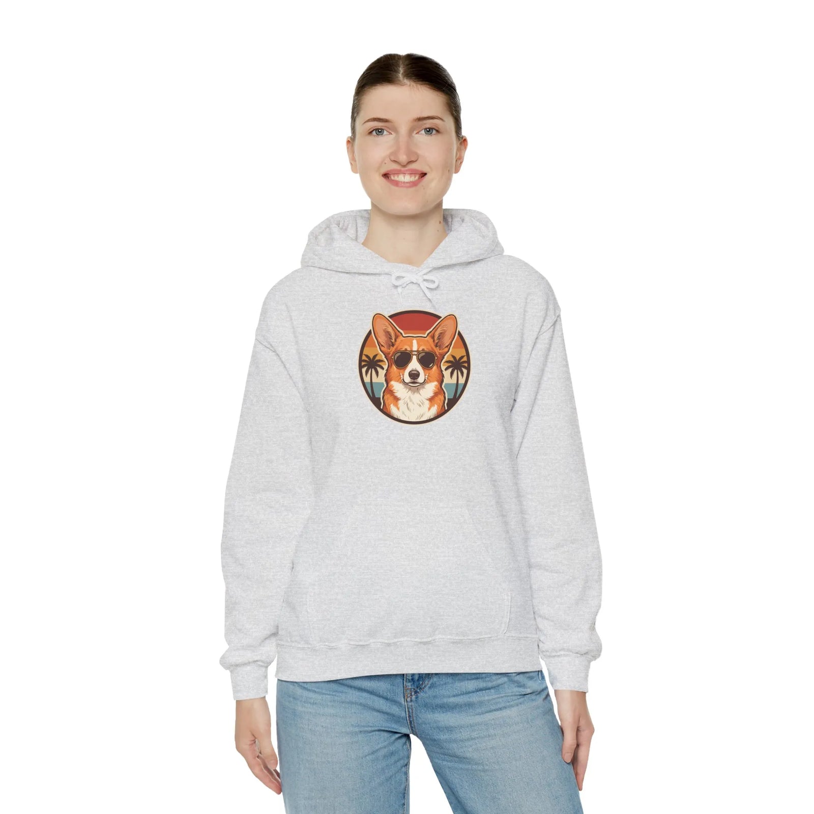Corgi Aviator Retro Sunset Hoodie - Heavyweight Fleece Pullover - Unisex White