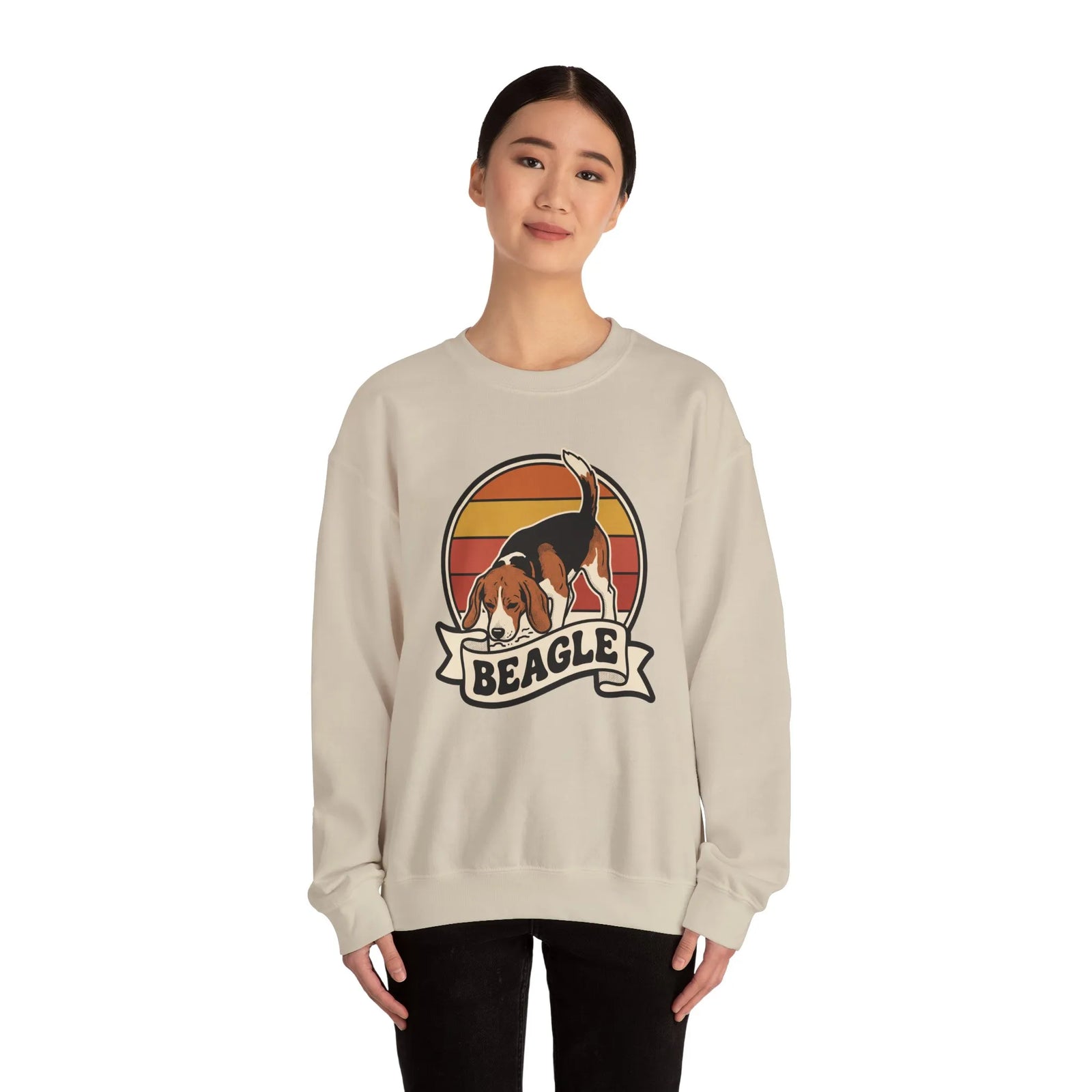 Beagle Retro 70s Sunset Graphic Sweatshirt - Heavy Blend Cotton Polyester Crewneck - Unisex White
