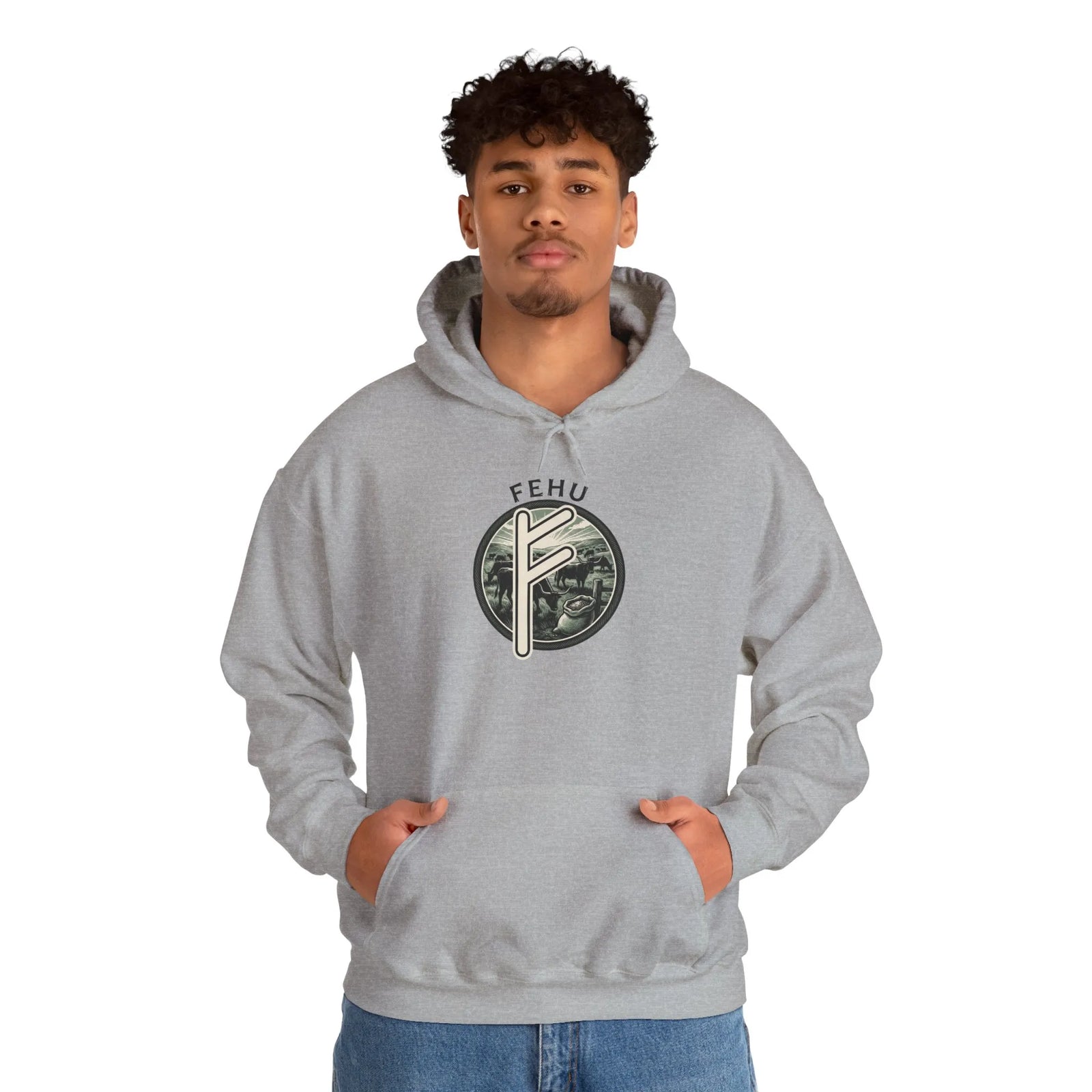 Fehu Runic Wealth Symbol Hoodie - Soft Cotton-Poly Blend Pullover - Unisex White