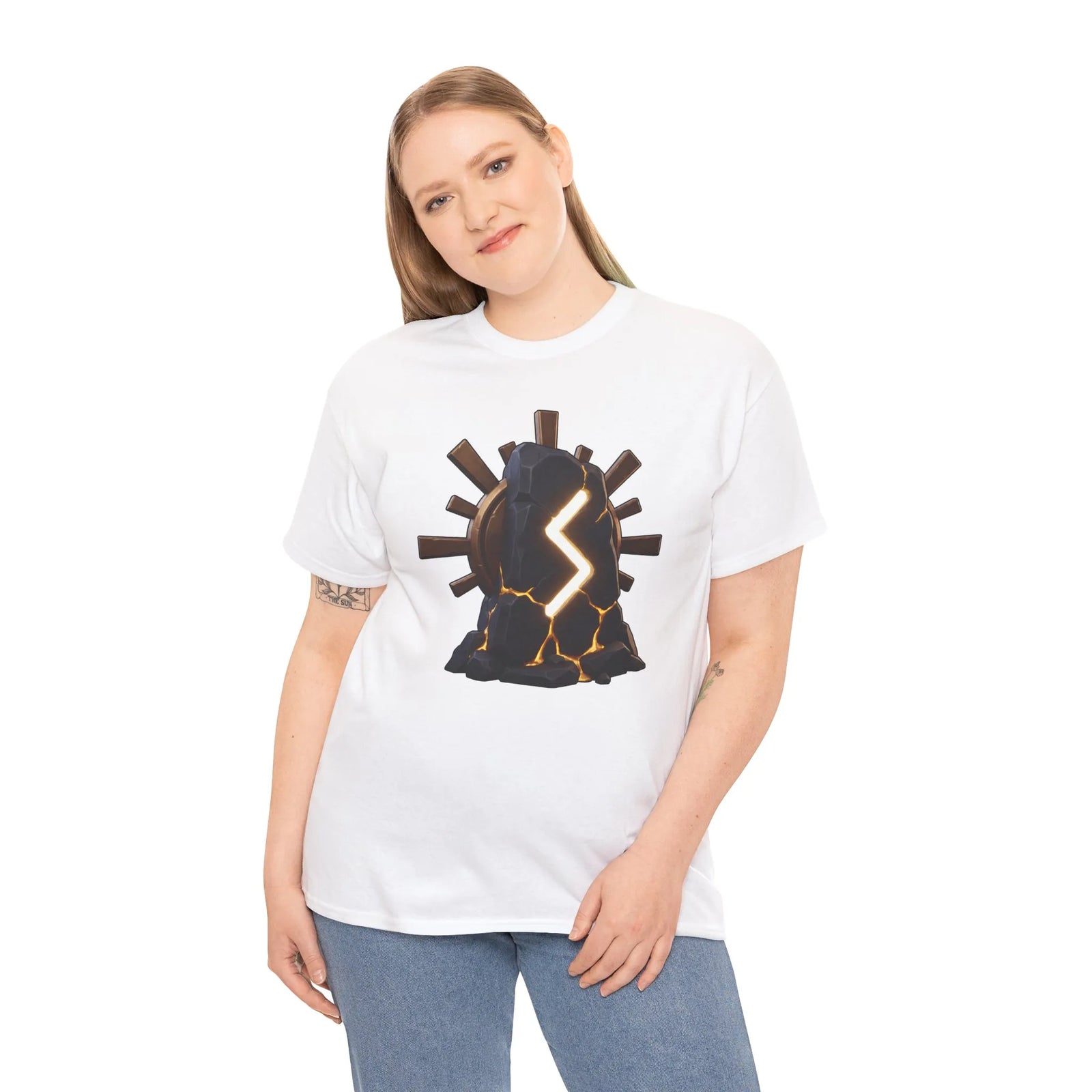 Sowulo Sun Ray Rune Graphic T-Shirt - Heavy Cotton Classic Fit Crewneck - Unisex White