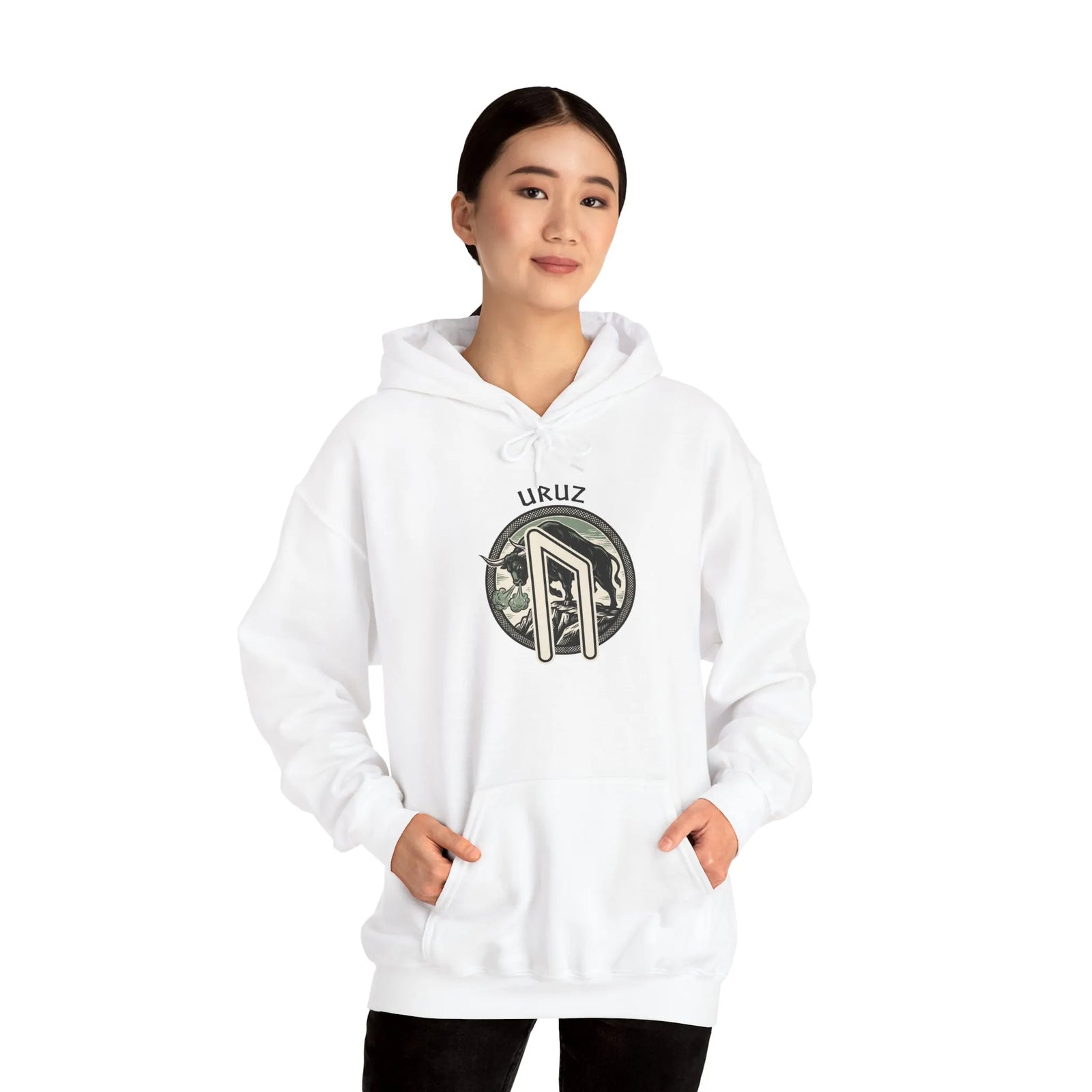 Uruz Rune Bull Norse Graphic Hoodie - Soft Cotton Blend Classic Fit Pullover - Unisex White