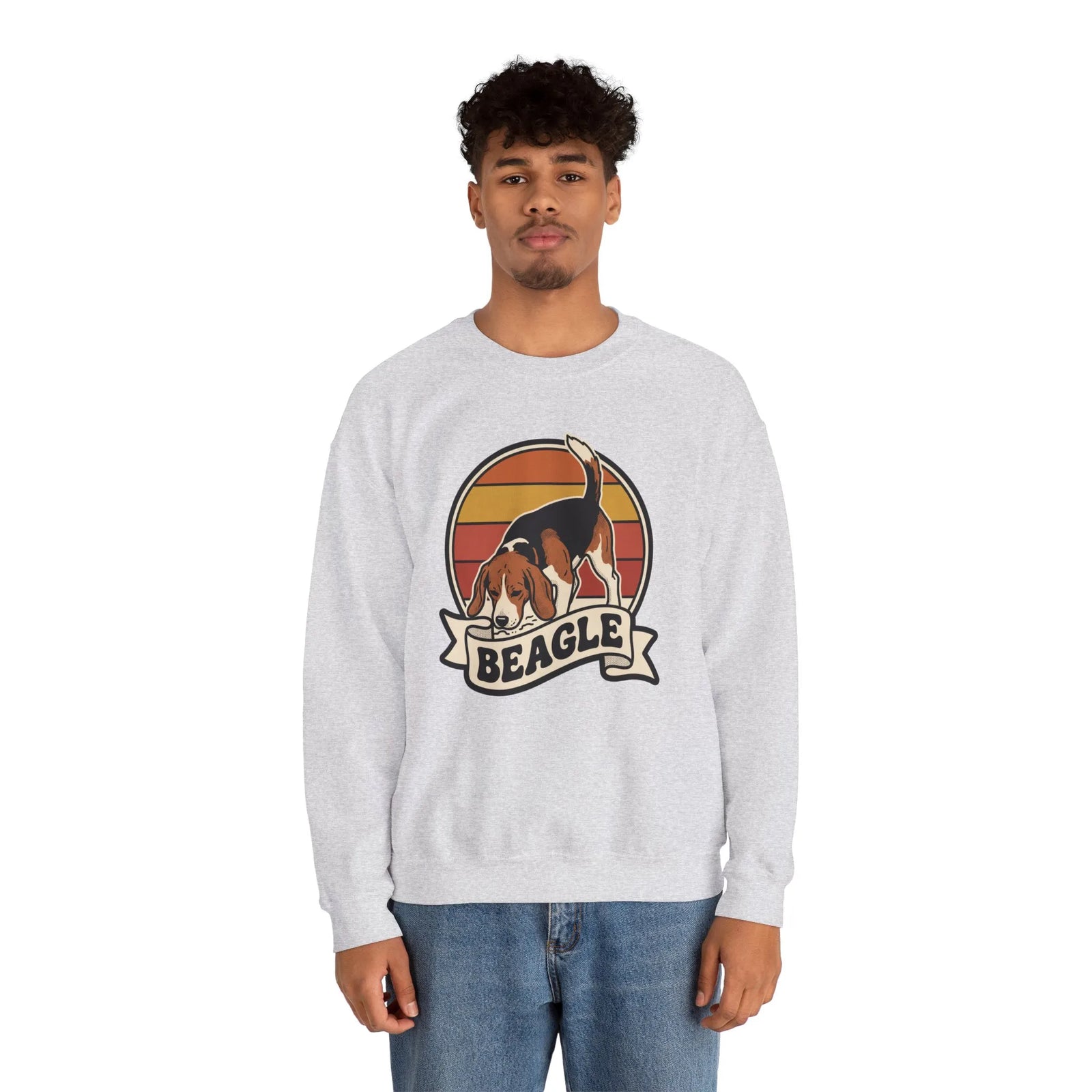 Beagle Retro 70s Sunset Graphic Sweatshirt - Heavy Blend Cotton Polyester Crewneck - Unisex White