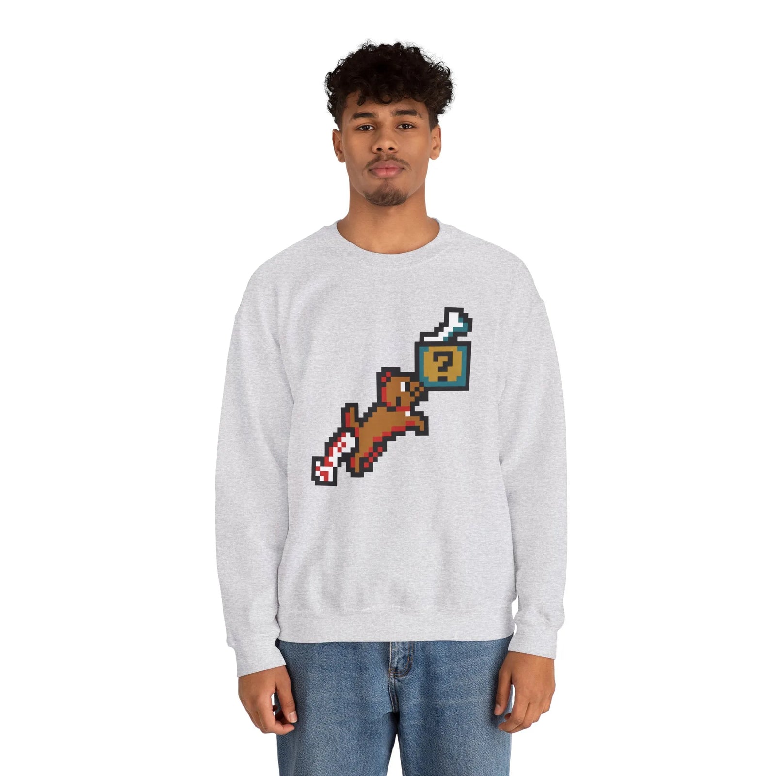Fetch Quest 8-Bit Pixel Gaming Dog Sweatshirt - Heavy Blend Cotton Polyester Crewneck - Unisex White