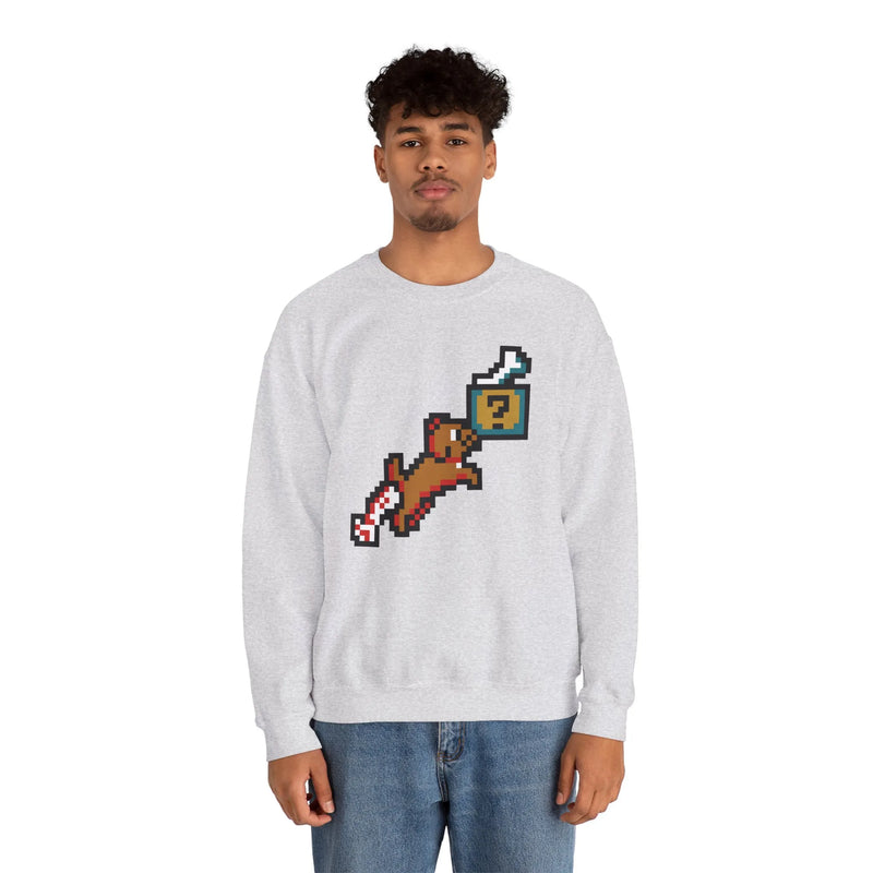 Fetch Quest 8-Bit Pixel Gaming Dog Sweatshirt - Heavy Blend Cotton Polyester Crewneck - Unisex White