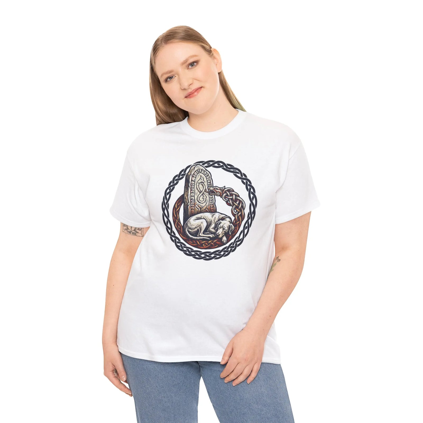 Runestone Hound Odin's Wolves Norse T-Shirt - Heavy Cotton Classic Fit Tee - Unisex White