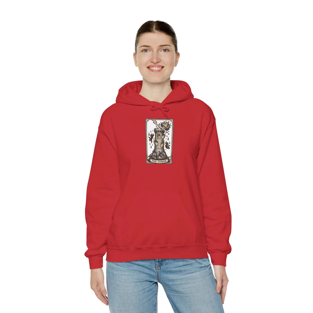 The Tower Tarot Card Hoodie - Heavy Blend Fleece Pullover - Unisex White