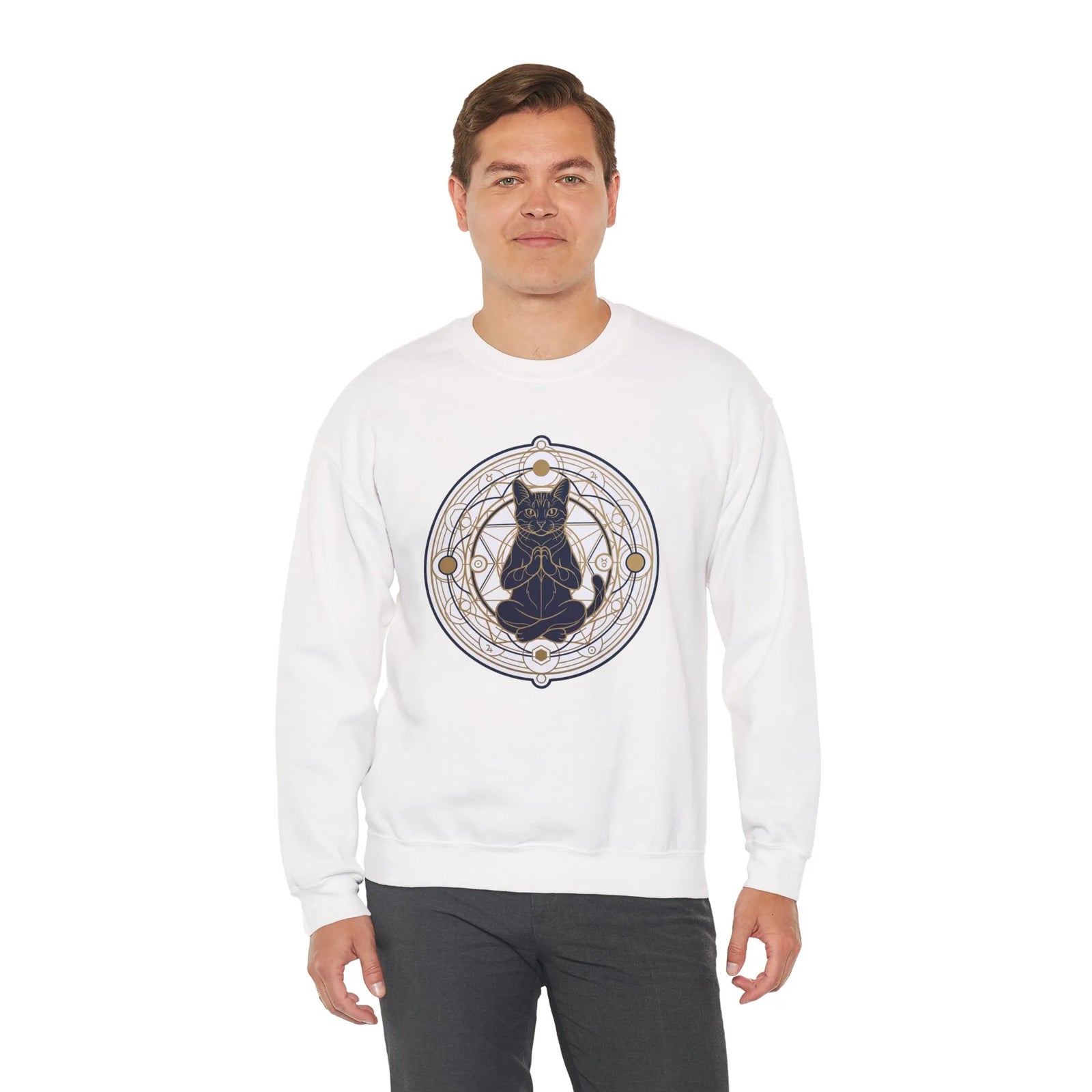 Sacred Geometry Meditating Cat Sweatshirt - Classic Fit Fleece Crewneck - Unisex White