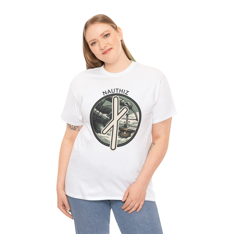 Nauthiz Rune Need Fire T-Shirt - Heavyweight Classic Fit Cotton Tee - Unisex White