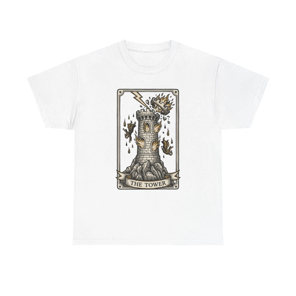 The Tower Tarot Card Graphic T-Shirt - Heavy Cotton Classic Fit Tee - Unisex White