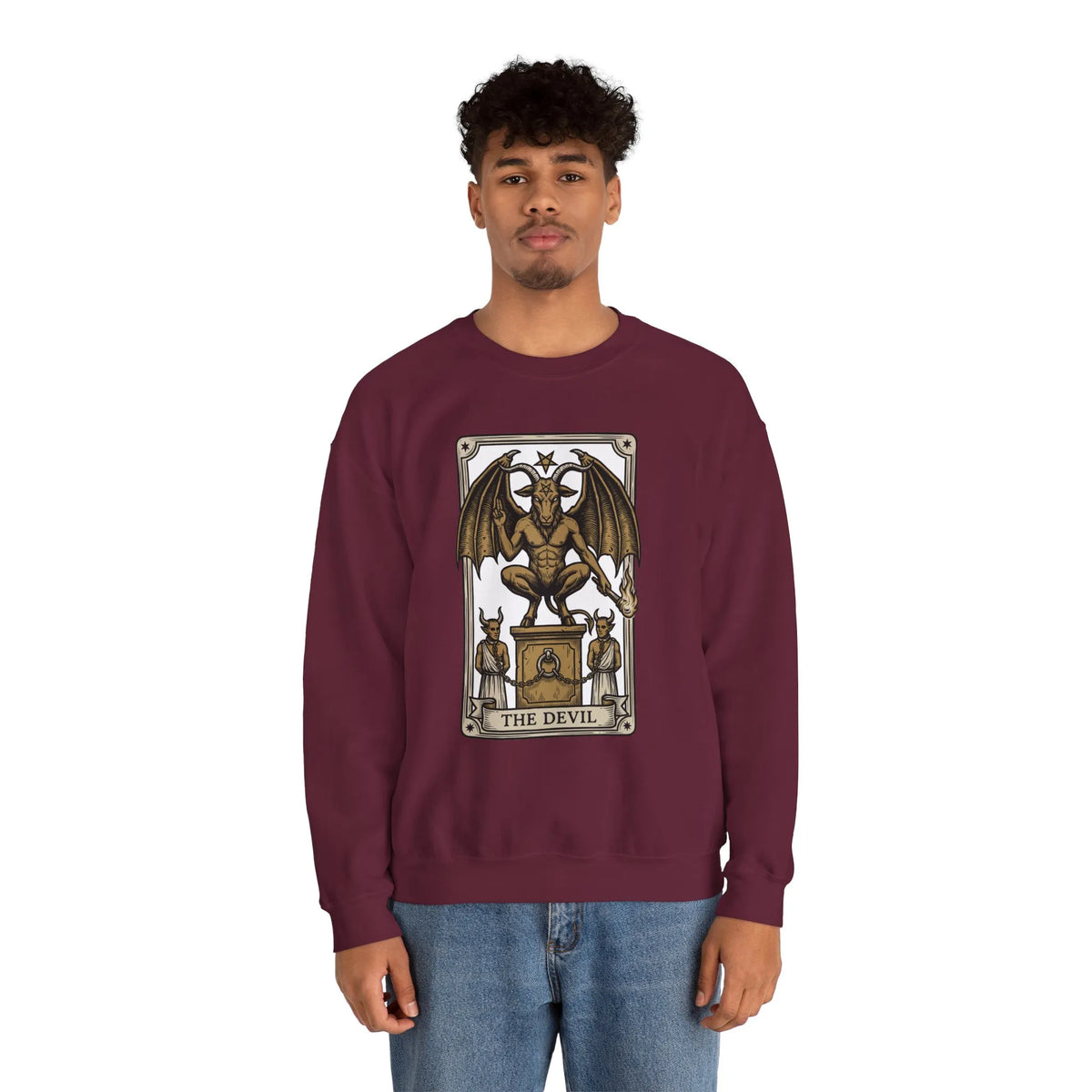 Devil Tarot Card Graphic Sweatshirt - Heavy Blend Fleece Crewneck - Unisex White