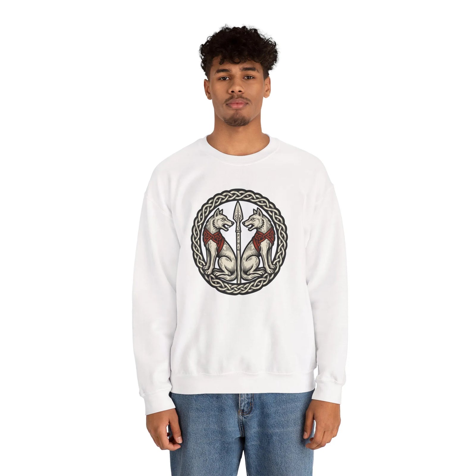 Odin's Wolves Geri & Freki Woodcut Sweatshirt - Heavy Blend Cotton Poly Crewneck - Unisex White