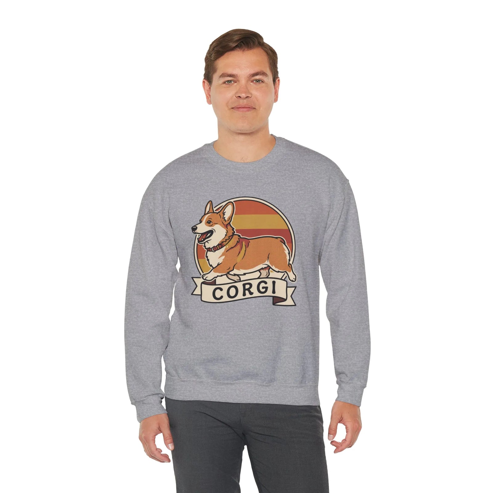 Retro 70s Sunset Corgi Sweatshirt - Classic Fit Cotton-Poly Crewneck - Unisex White