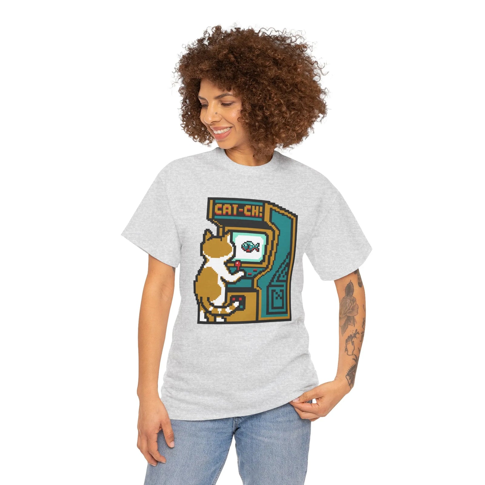 8-Bit Pixel Gaming Cats Arcade T-Shirt - Heavy Cotton Classic Fit Tee - Unisex White