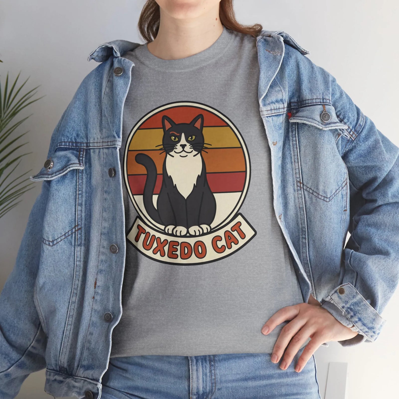 Tuxedo Cat Retro Sunset Graphic T-Shirt - Heavy Cotton Classic Fit Tee - Unisex White