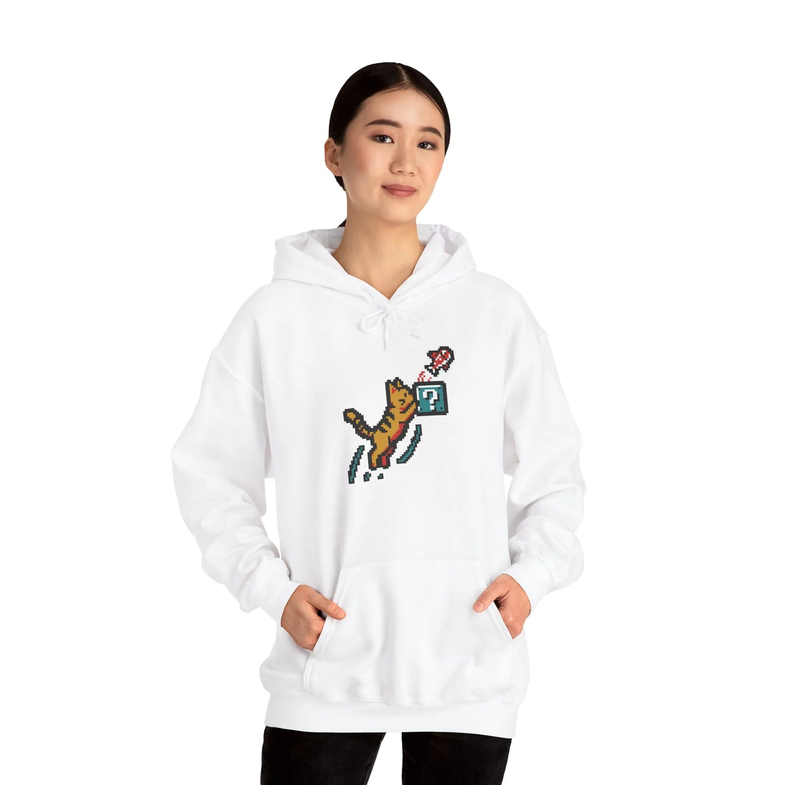 Power Up 8-Bit Pixel Gaming Cats Hoodie - Heavy Blend Fleece Pullover - Unisex White