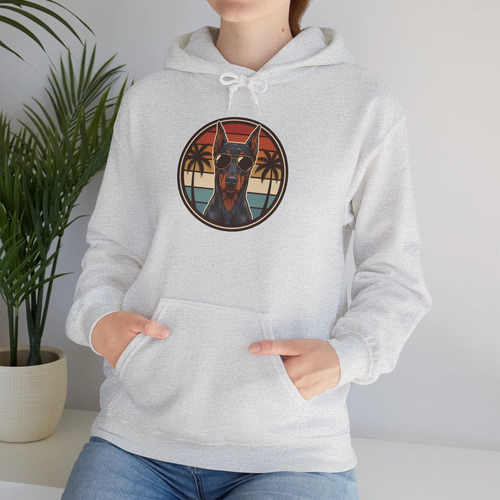 Doberman 70s Sunset Aviators Hoodie - Heavy Blend Fleece Pullover - Unisex White