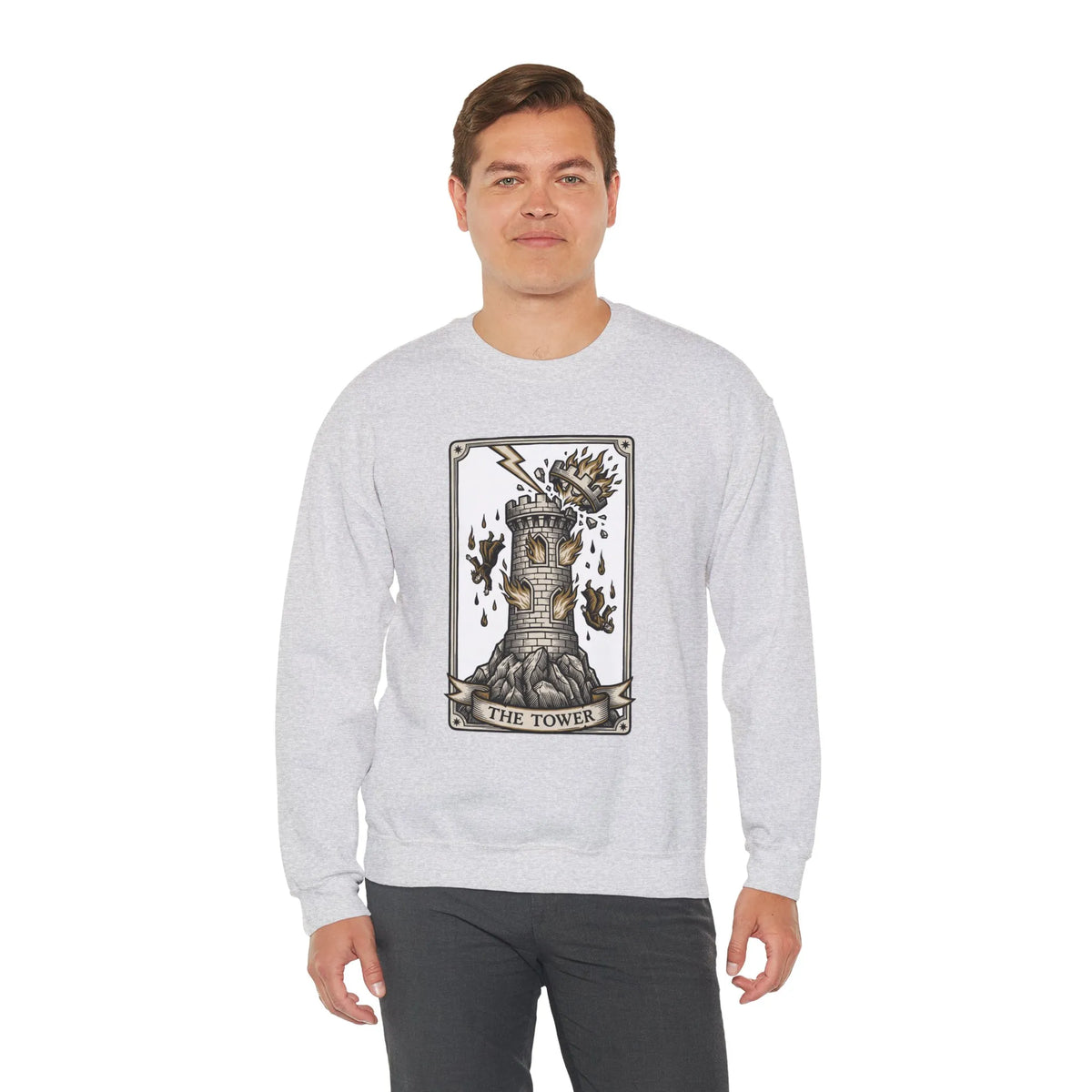 The Tower Tarot Card Sweatshirt - Heavy Blend Fleece Crewneck - Unisex White