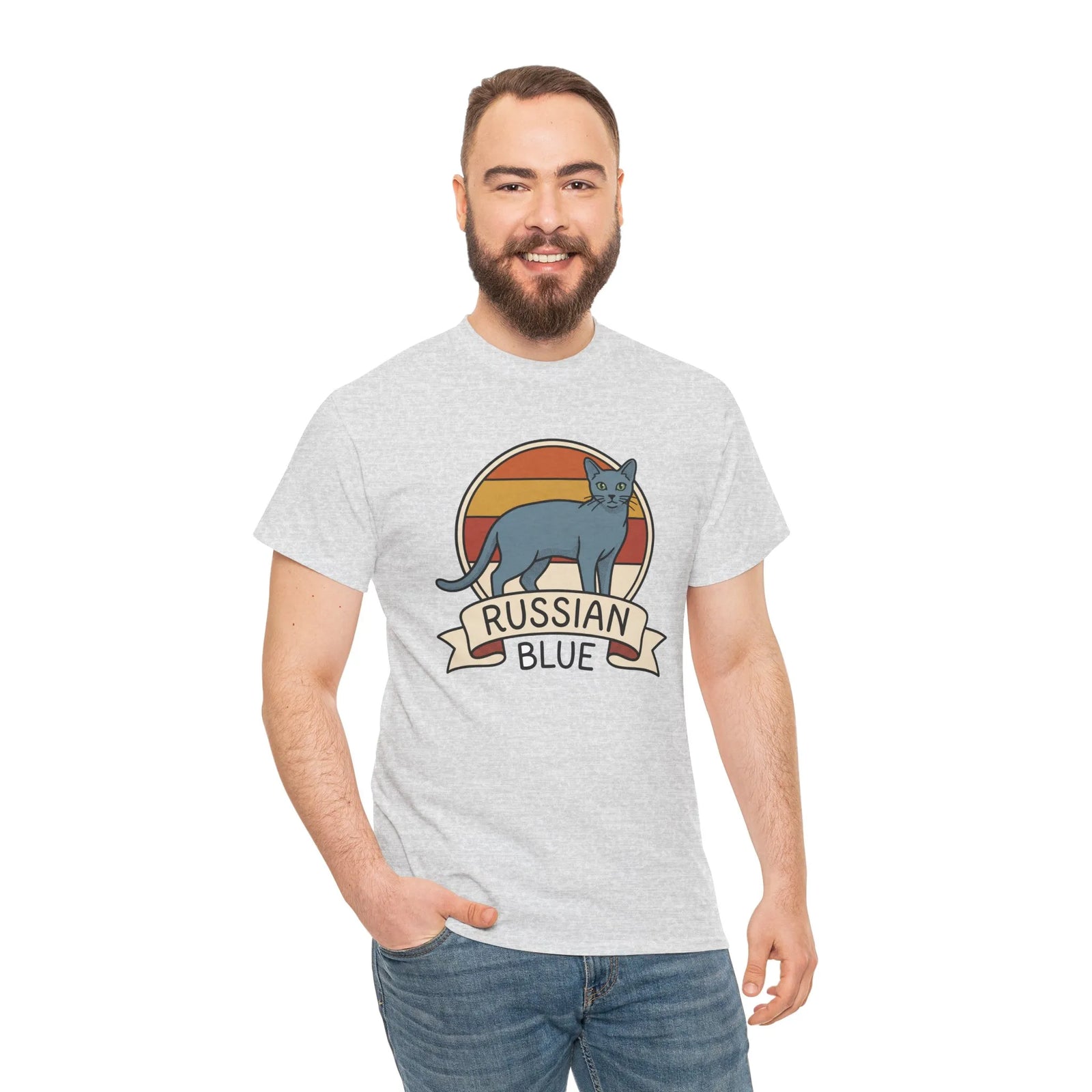 Russian Blue Retro 70s Sunset T-Shirt - Heavy Cotton Classic Fit Tee - Unisex White
