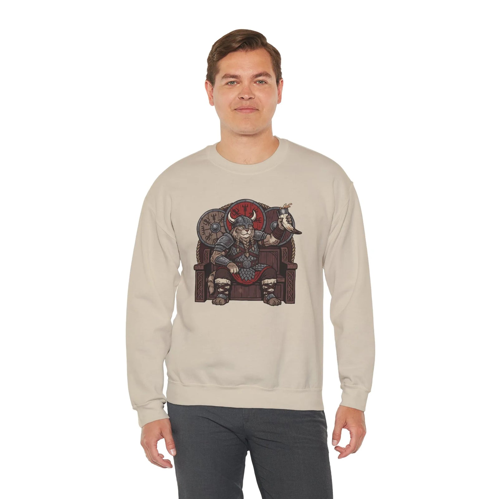 Viking Berserker Cats Graphic Sweatshirt - Heavy Blend Classic Fit Crewneck - Unisex White