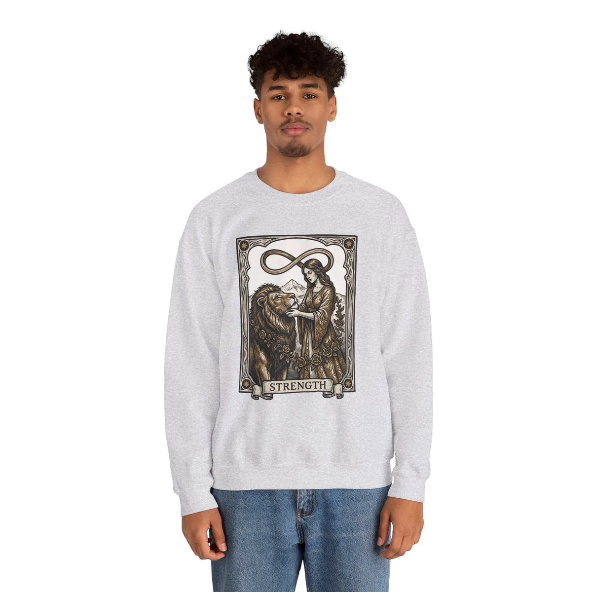 Strength Tarot Card Sweatshirt - Heavy Blend Crewneck Fleece - Unisex White