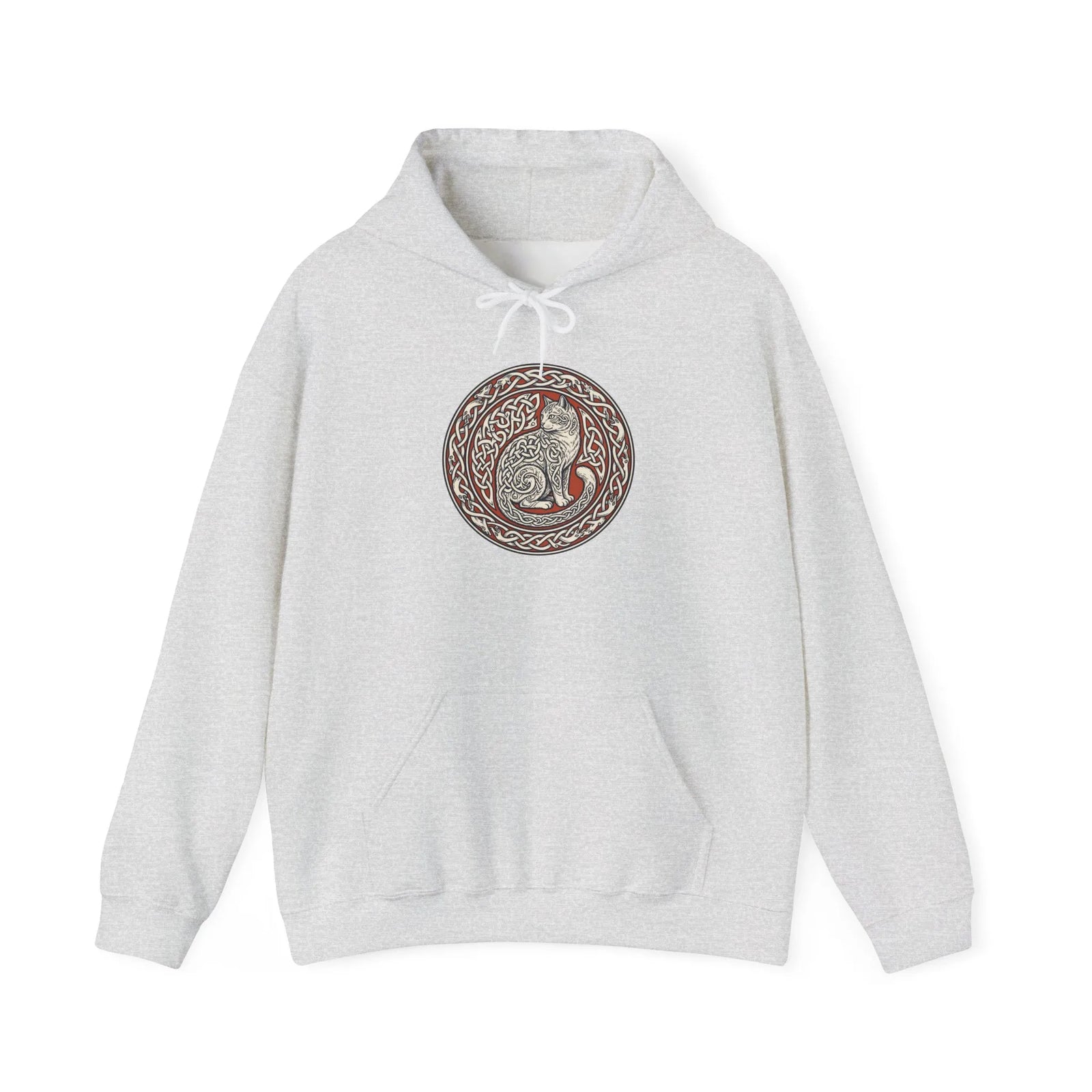Freyja's Sacred Cat Woodcut Hoodie - Heavy Blend Cotton Poly Pullover - Unisex White