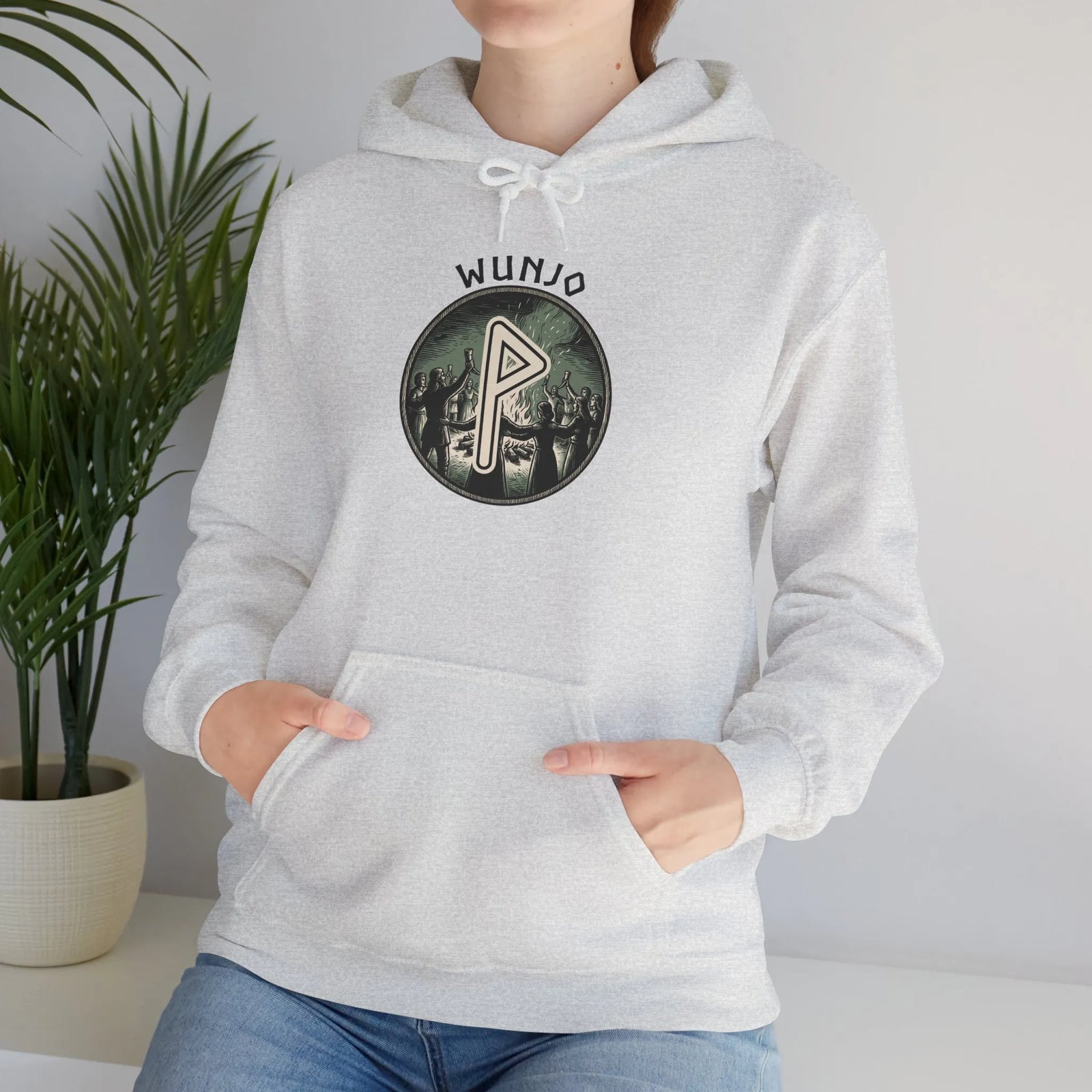 Wunjo Rune Norse Joy Circle Hoodie - Heavy Blend Fleece Pullover - Unisex White