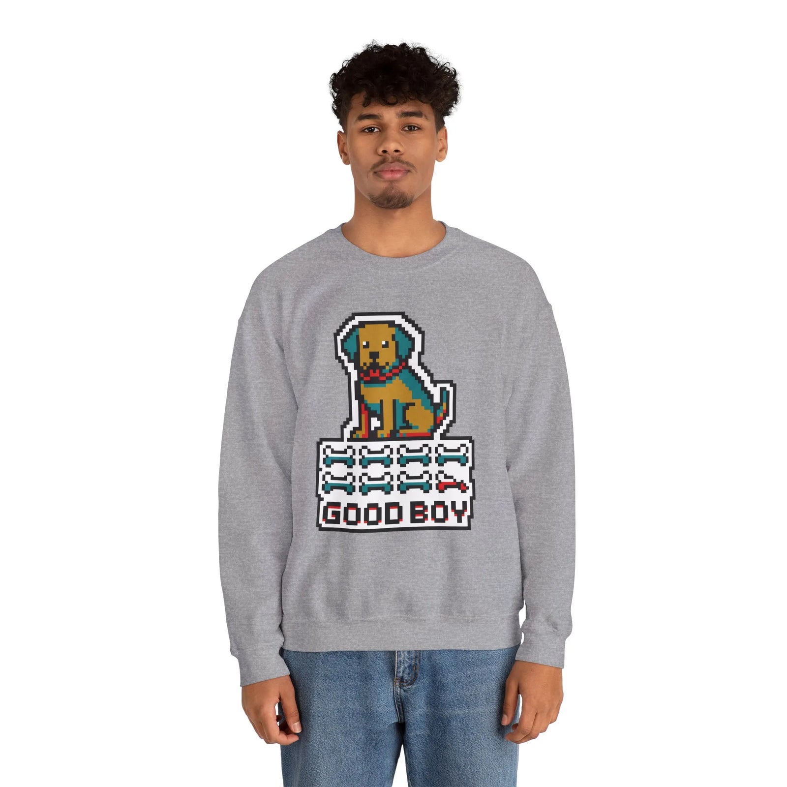 Good Boy 8-Bit Pixel Dogs Sweatshirt - Heavyweight Cotton Blend Crewneck - Unisex White