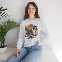 Australian Shepherd Retro 70s Sunset Sweatshirt - Heavy Blend Cotton Poly Crewneck - Unisex White