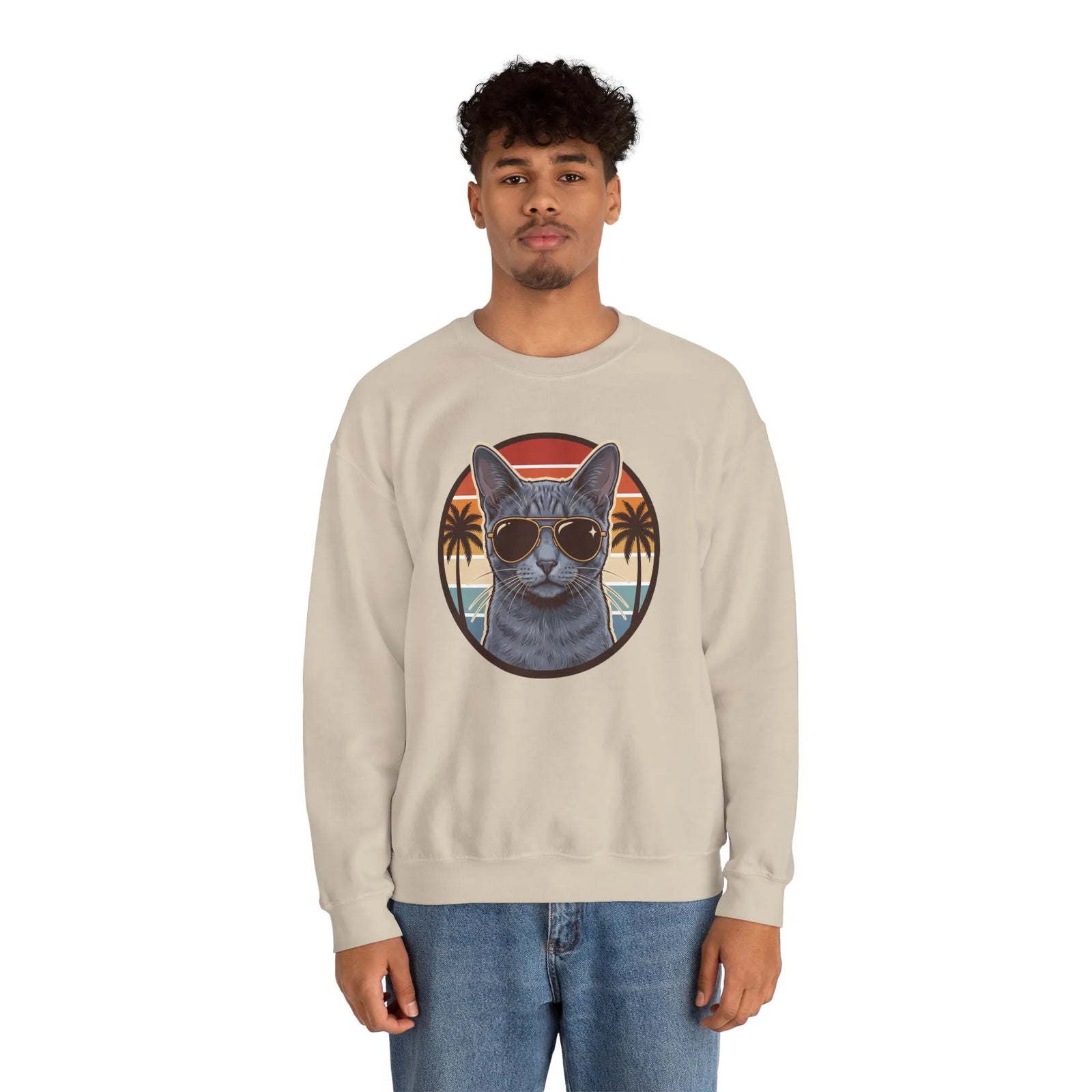 Russian Blue Cat Aviator Sunglasses Sweatshirt - Heavy Blend Fleece Crewneck - Unisex White