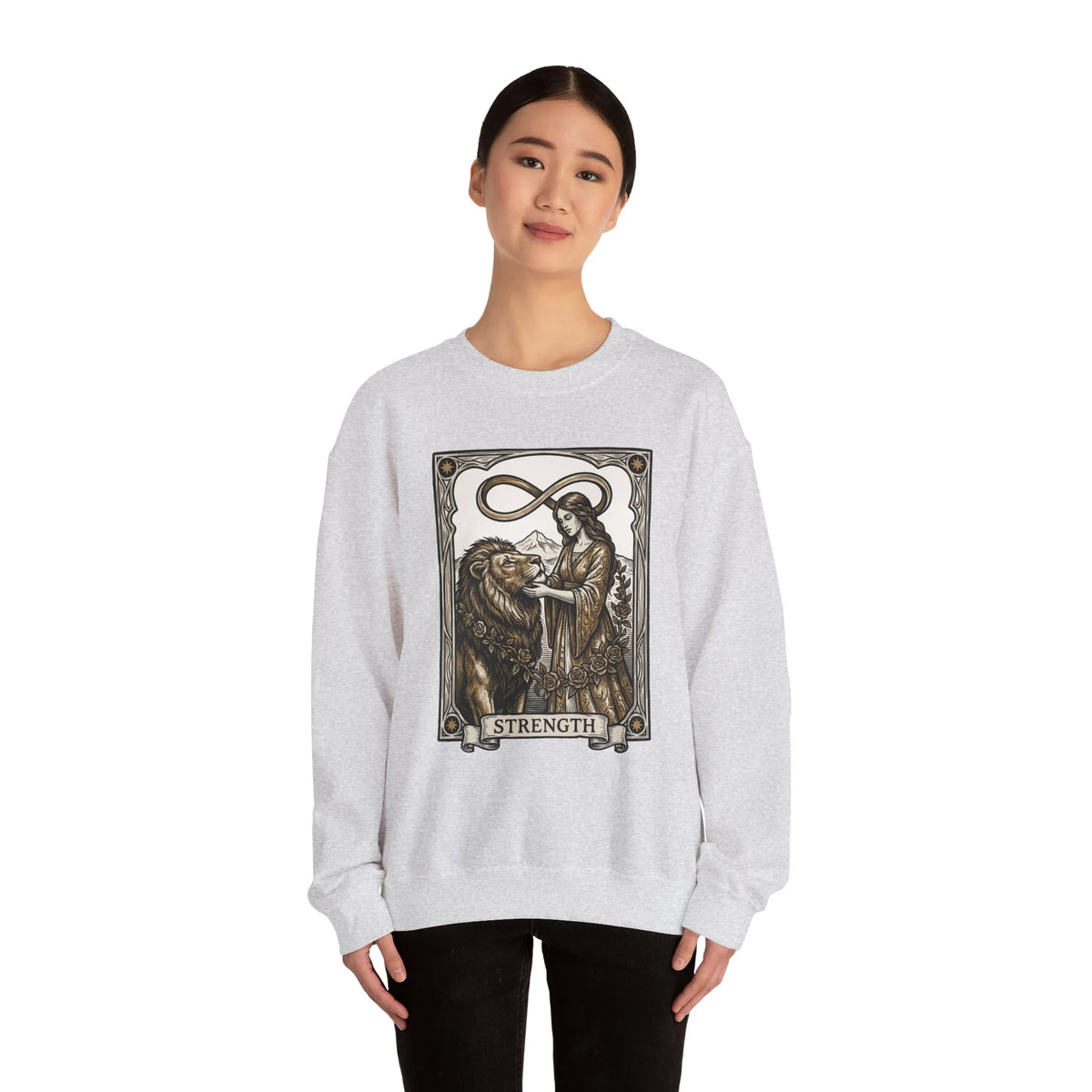 Strength Tarot Card Sweatshirt - Heavy Blend Crewneck Fleece - Unisex White