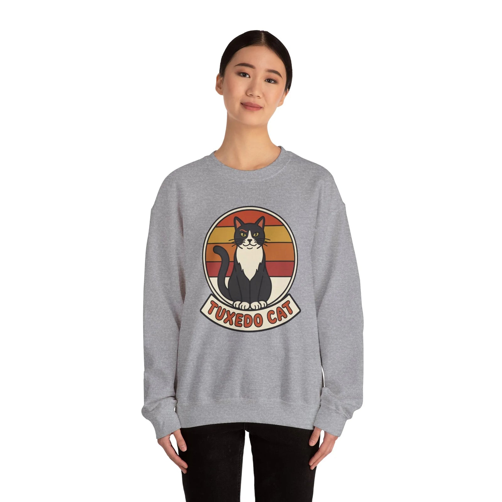 Tuxedo Cat Retro Sunset Sweatshirt - Heavy Blend Fleece Crewneck - Unisex Ash
