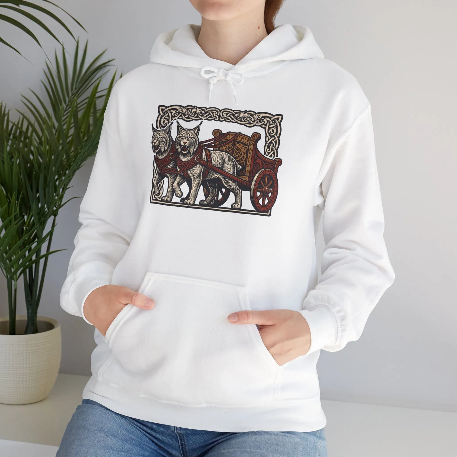 Freyja's Sacred Cats Chariot Graphic Hoodie - Cozy Fleece Pullover Hoodie - Unisex Off White