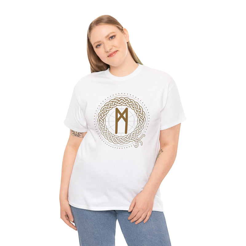 Mannaz Rune Humanity Graphic T-Shirt - Heavy Cotton Classic Fit Tee - Unisex White