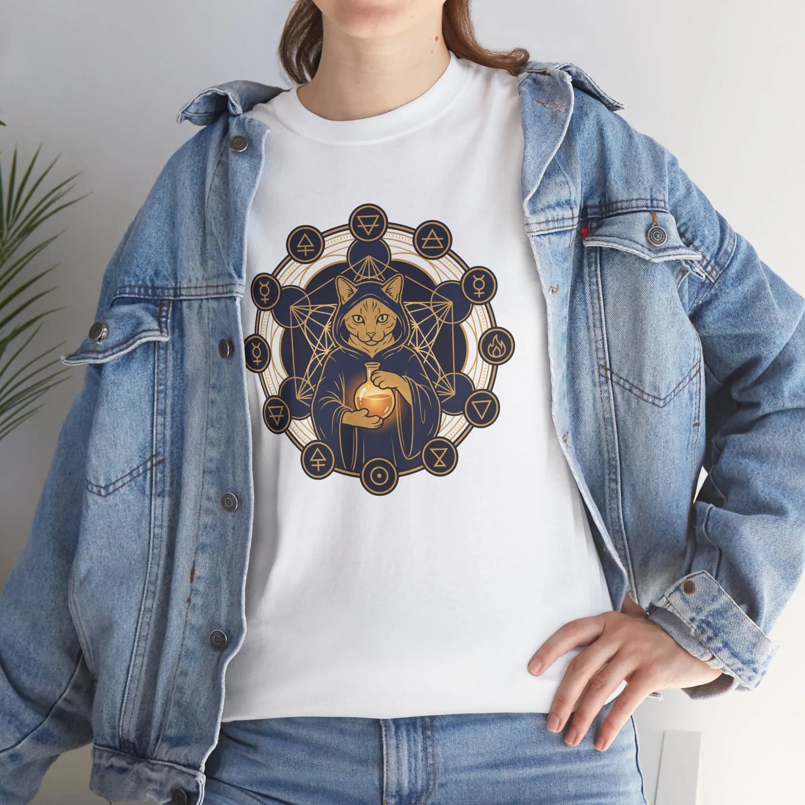Alchemist Cat Sacred Geometry T-Shirt - Durable Heavy Cotton Tee - Unisex White
