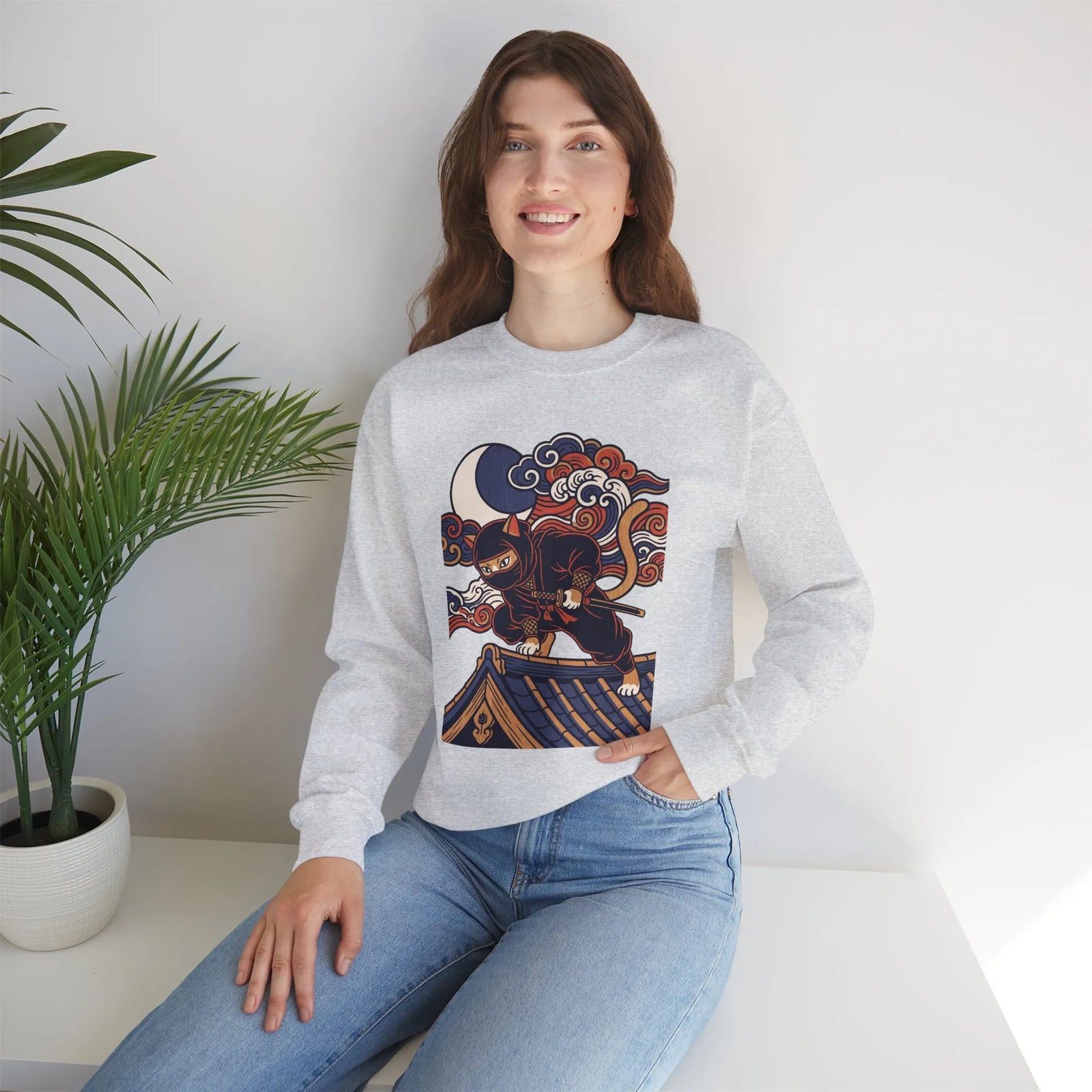 Ninja Cat Ukiyo-e Samurai Sweatshirt - Soft Heavyweight Fleece Crewneck - Unisex White
