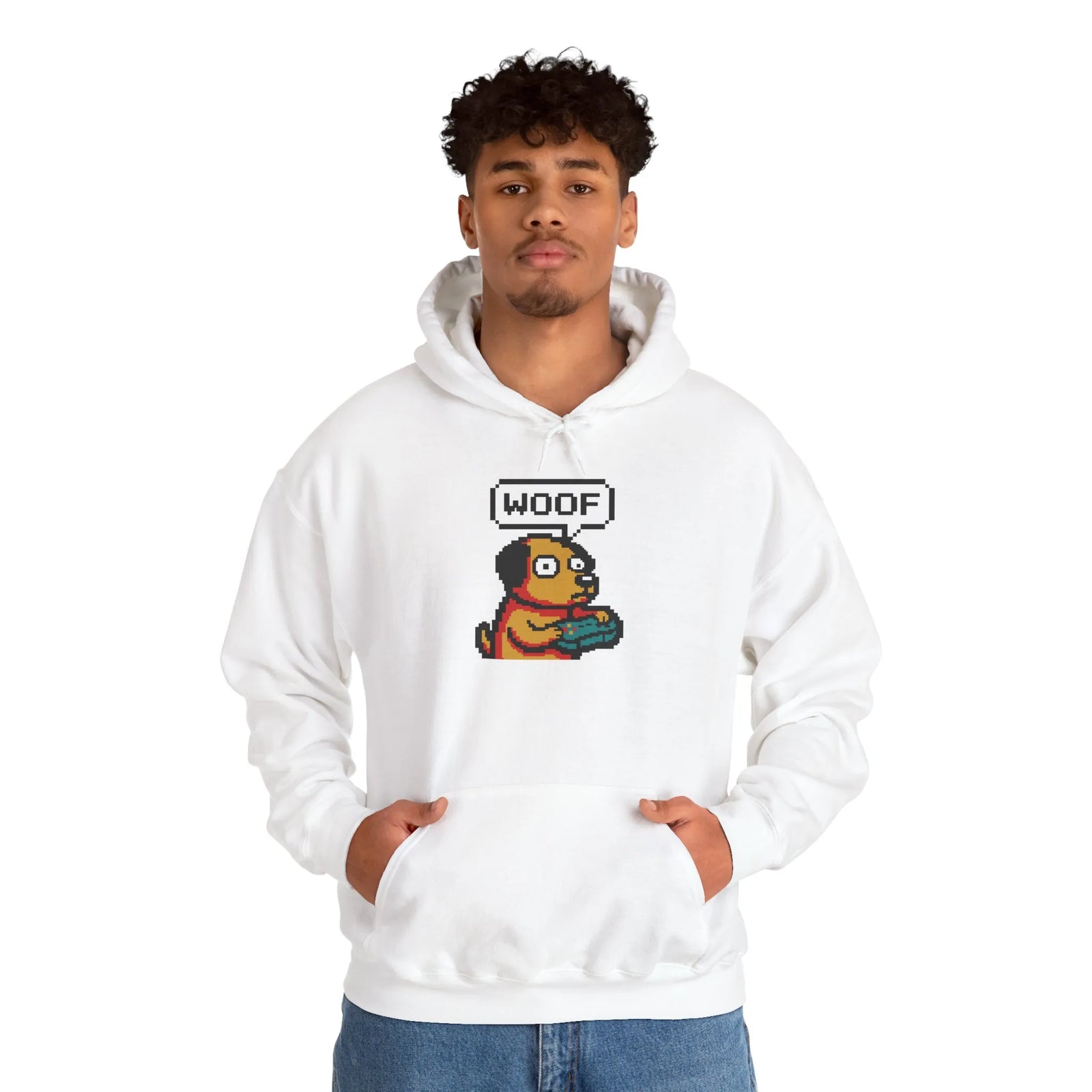 Player One 8-Bit Gaming Dog Hoodie - Soft Cotton-Poly Blend Fleece - Unisex White