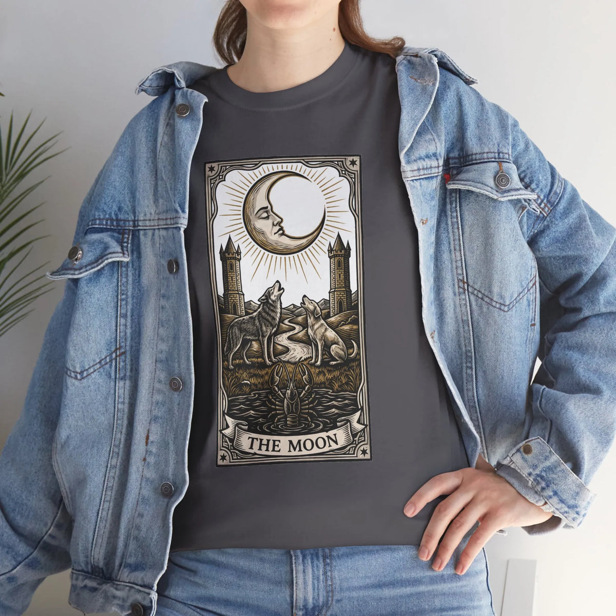 Moonlight Wolves Tarot Graphic T-Shirt - Heavy Cotton Classic Fit Crewneck - Unisex White