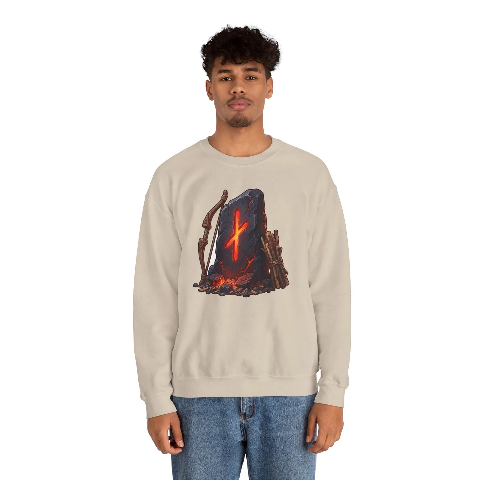 Nauthiz Rune Need-Fire Graphic Sweatshirt - Heavy Blend Crewneck Fleece - Unisex White