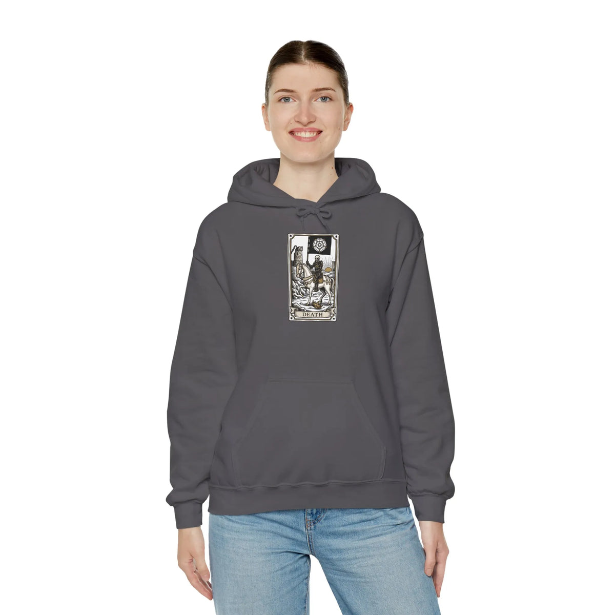 Death Tarot Card Graphic Hoodie - Medium-Heavy Cotton-Poly Blend Pullover - Unisex White