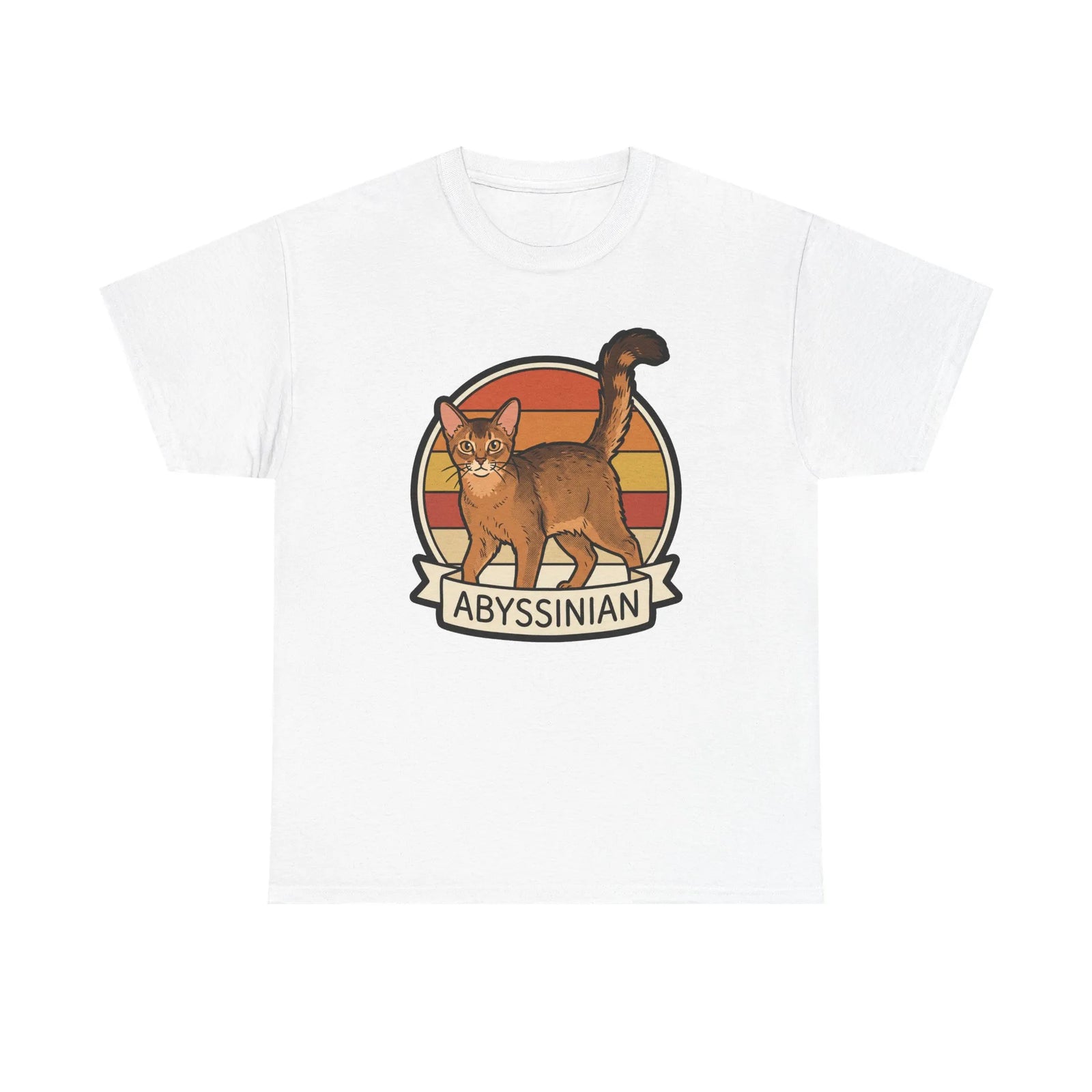 Abyssinian Retro 70s Sunset Cat T-Shirt - Heavy Cotton Classic Fit Tee - Unisex White
