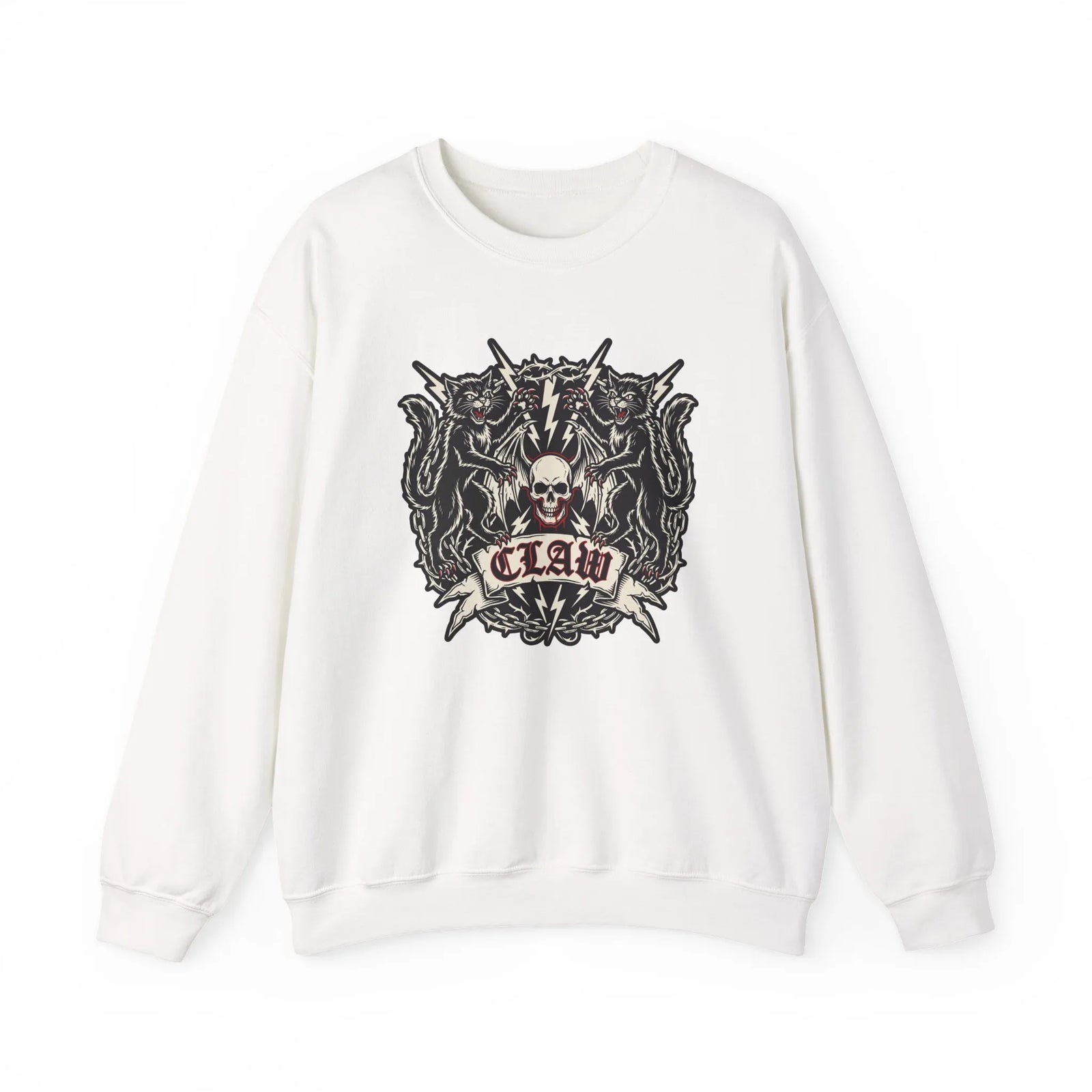 Rocker Cats Band Crest Sweatshirt - Heavy Blend Cotton-Poly Crewneck - Unisex White