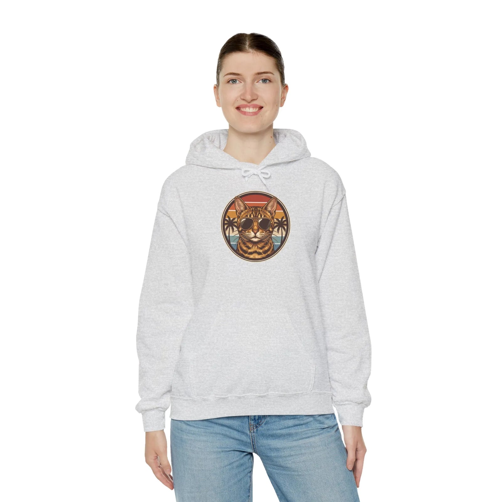 Bengal Cool Cat Aviators Hoodie - Soft Cotton Blend Pullover - Unisex White