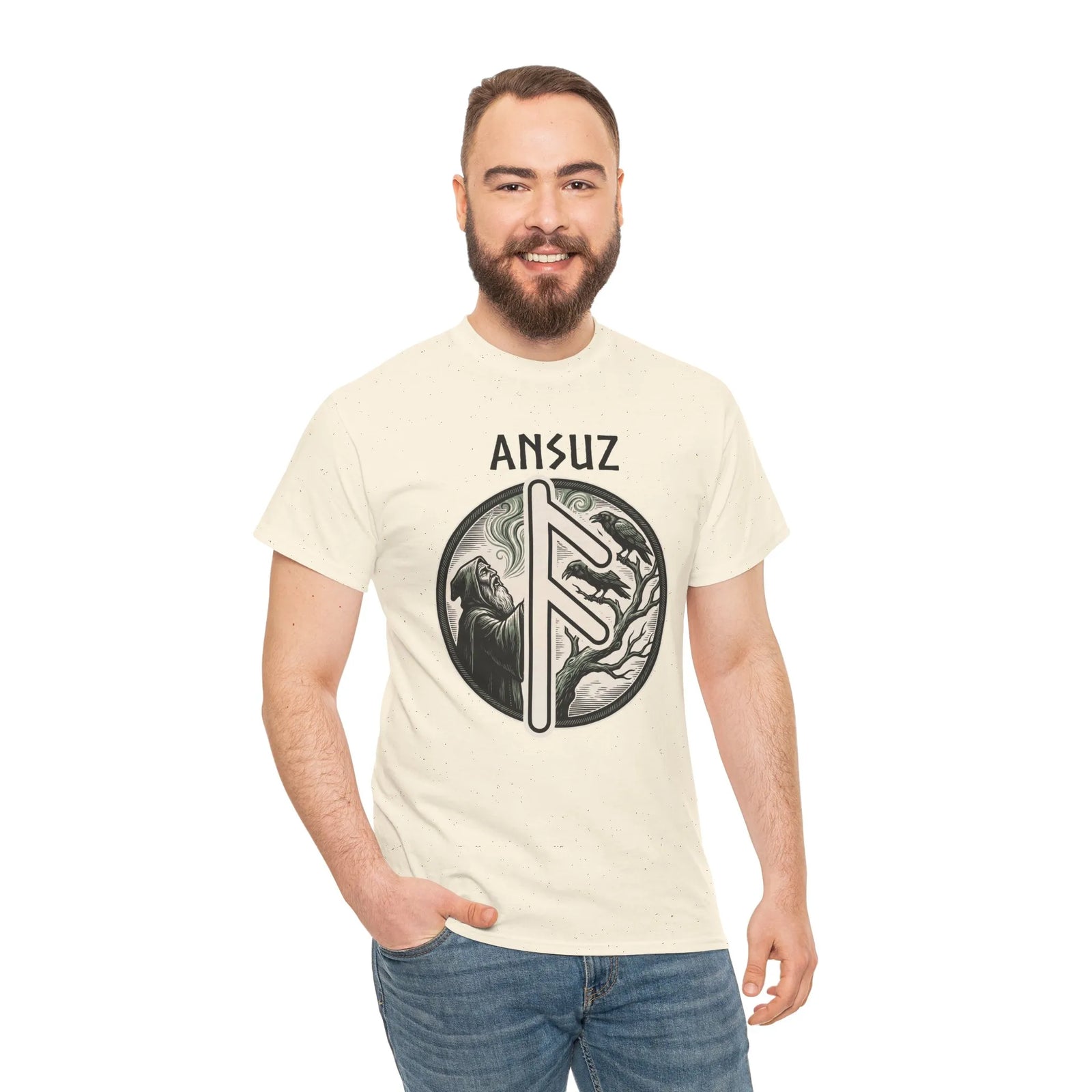Ansuz Rune Divine Speech Graphic T-Shirt - Heavy Cotton Classic Fit Tee - Unisex White