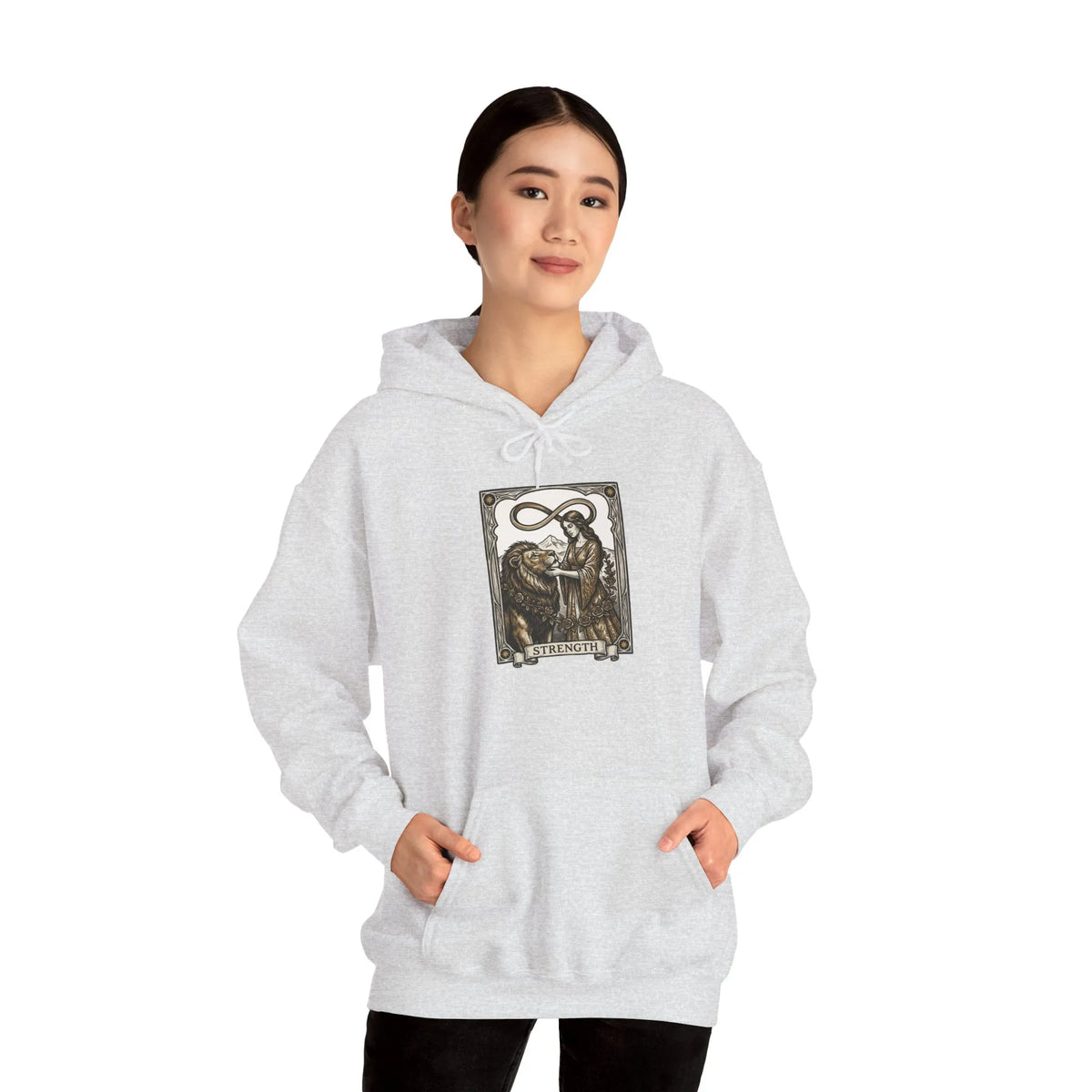 Strength Tarot Card Graphic Hoodie - Heavy Blend Fleece Pullover - Unisex White