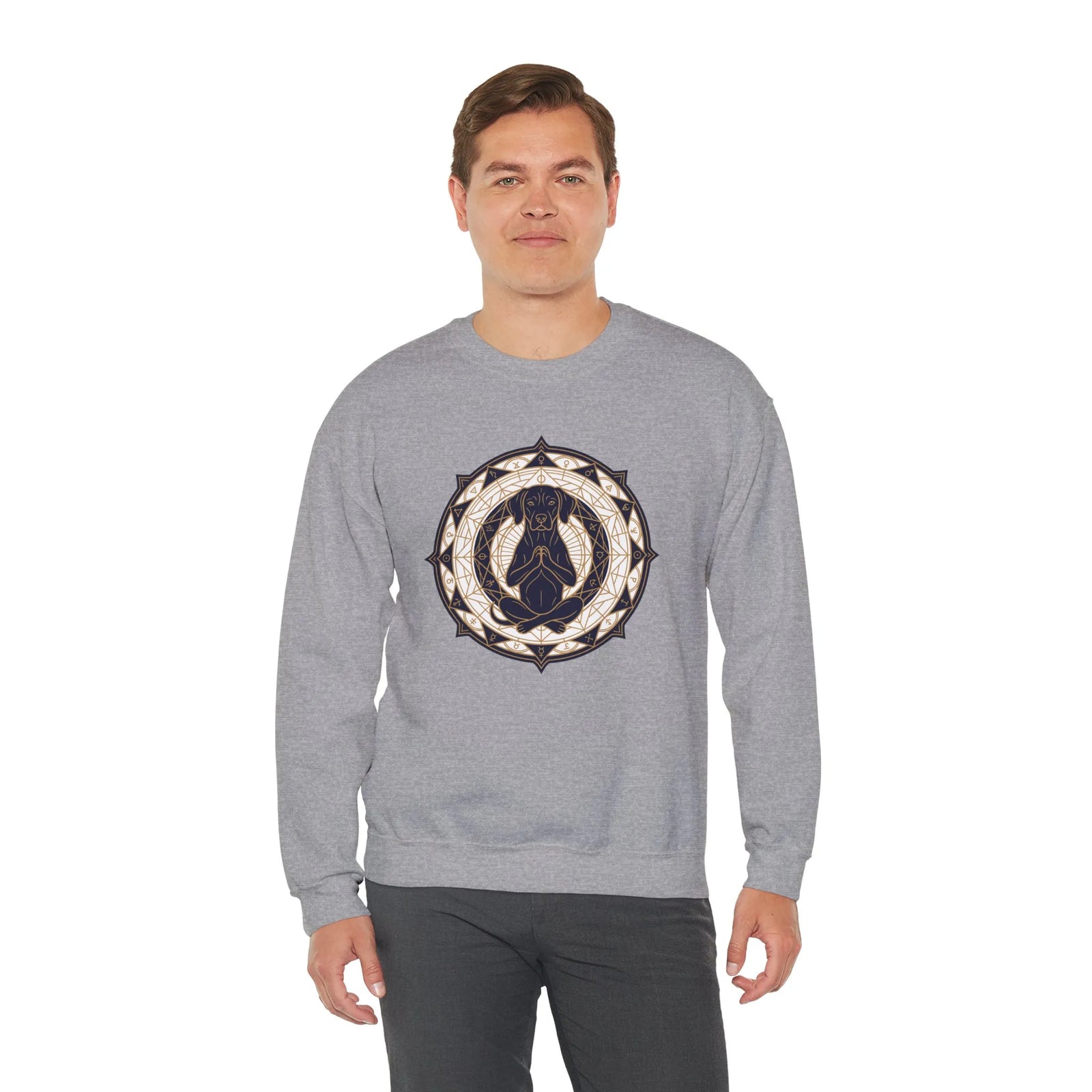 Meditating Dog Sacred Geometry Sweatshirt - Heavy Blend Fleece Crewneck - Unisex White