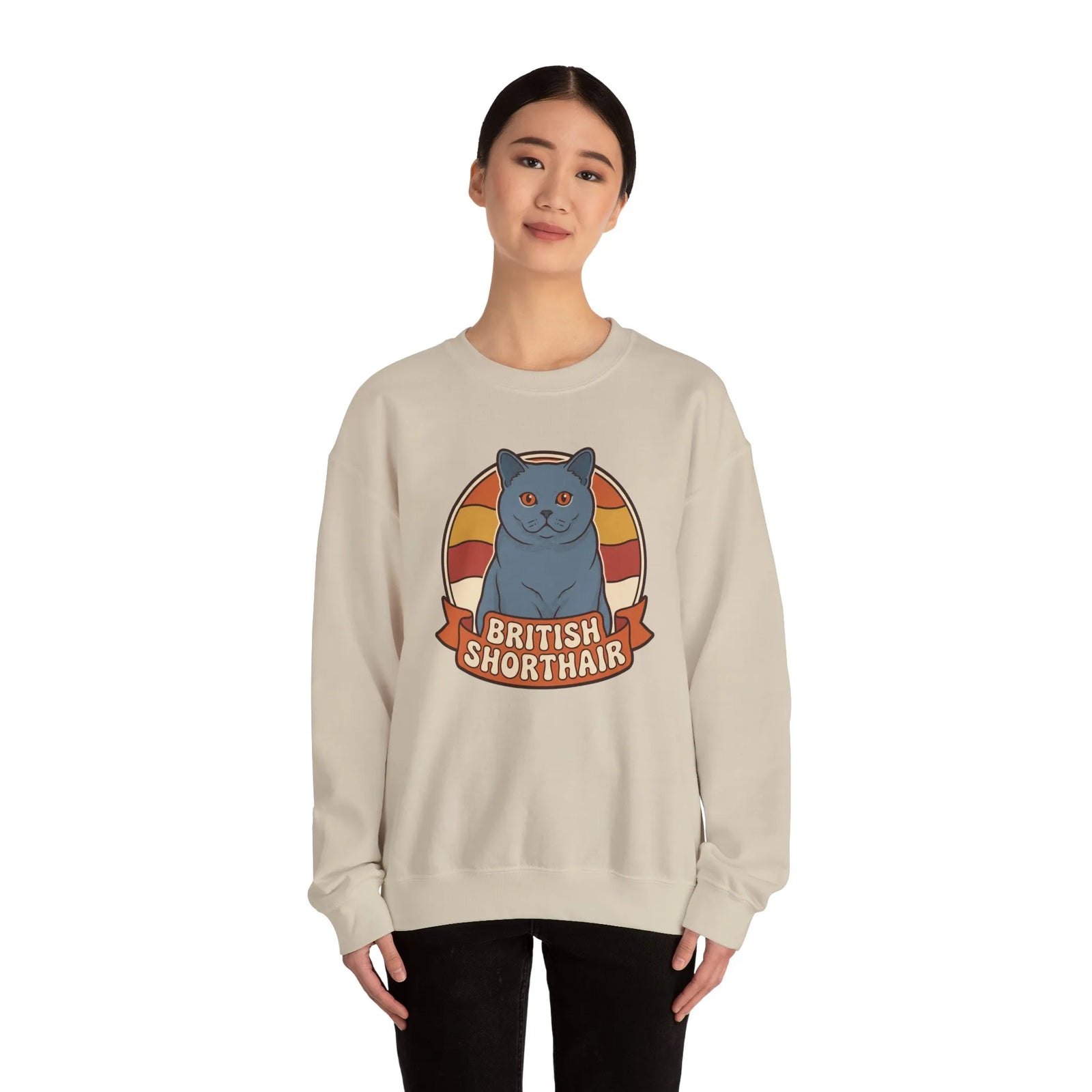 British Shorthair Retro Sunset Cat Sweatshirt - Heavy Blend Fleece Crewneck - Unisex White