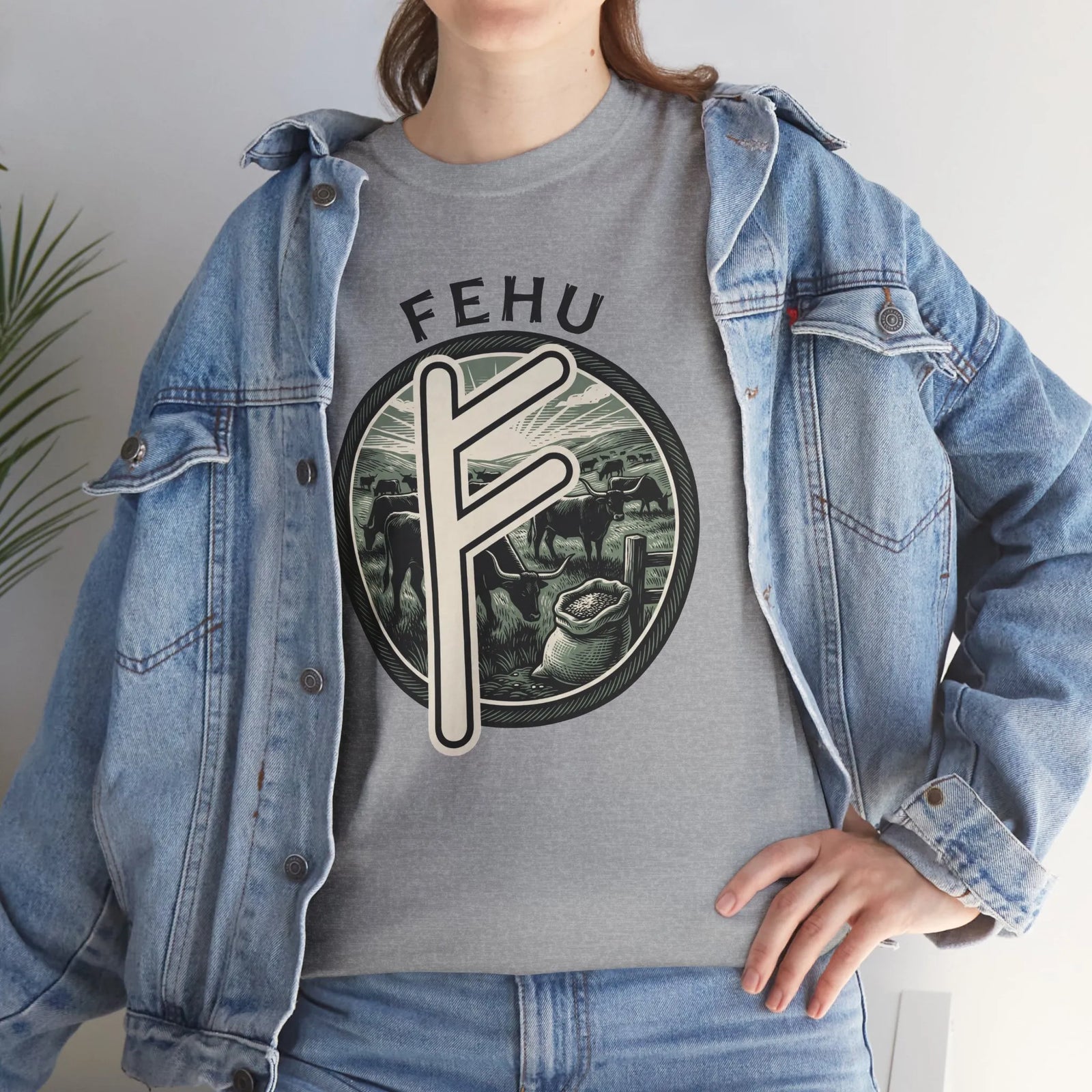 Fehu Rune Wealth Symbol T-Shirt - Heavy Cotton Classic Fit Tee - Unisex White