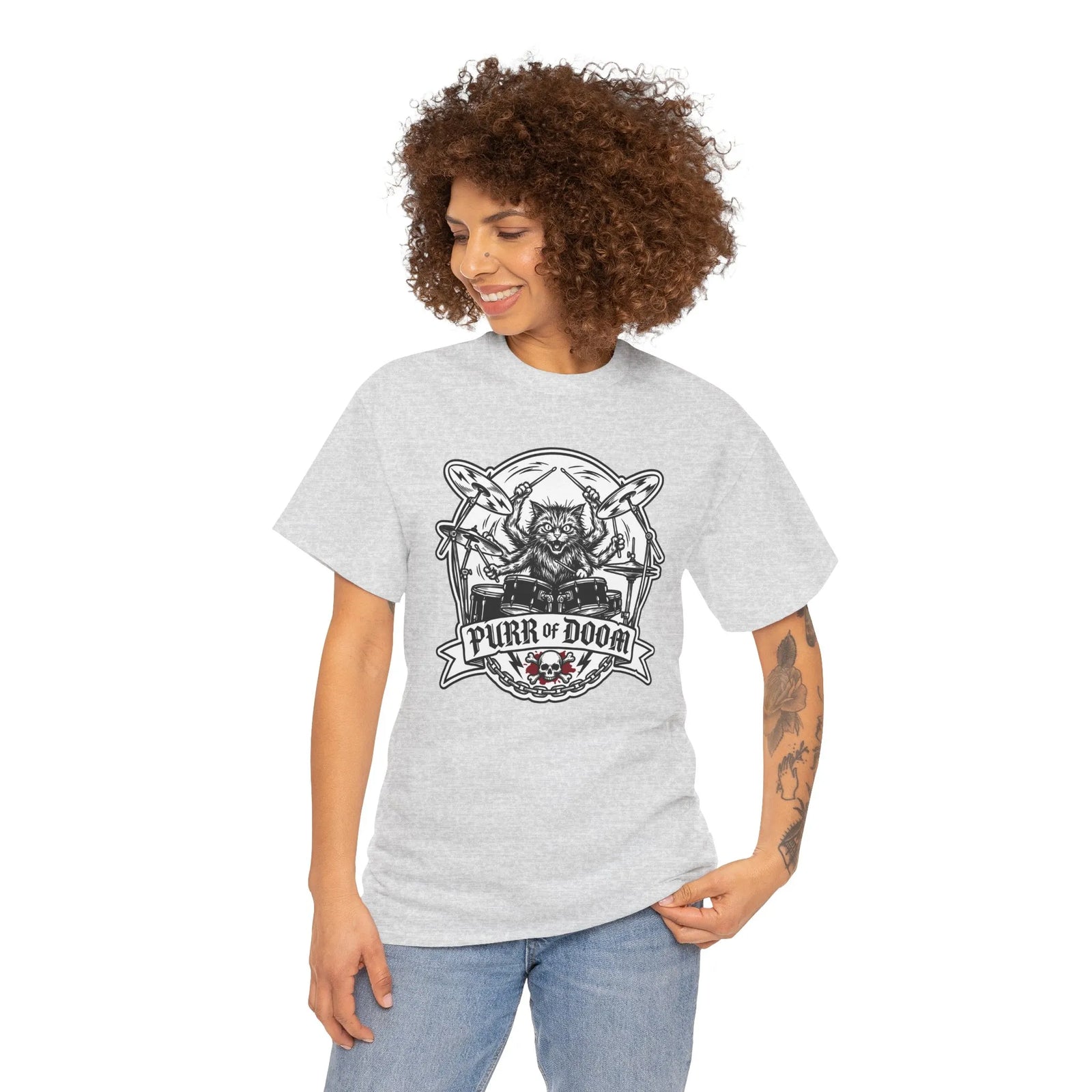 Heavy Metal Rocker Cat Drummer T-Shirt - Heavy Cotton Classic Fit Tee - Unisex White