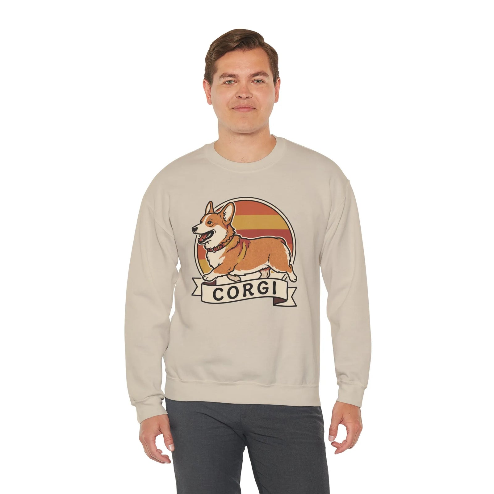 Retro 70s Sunset Corgi Sweatshirt - Classic Fit Cotton-Poly Crewneck - Unisex White